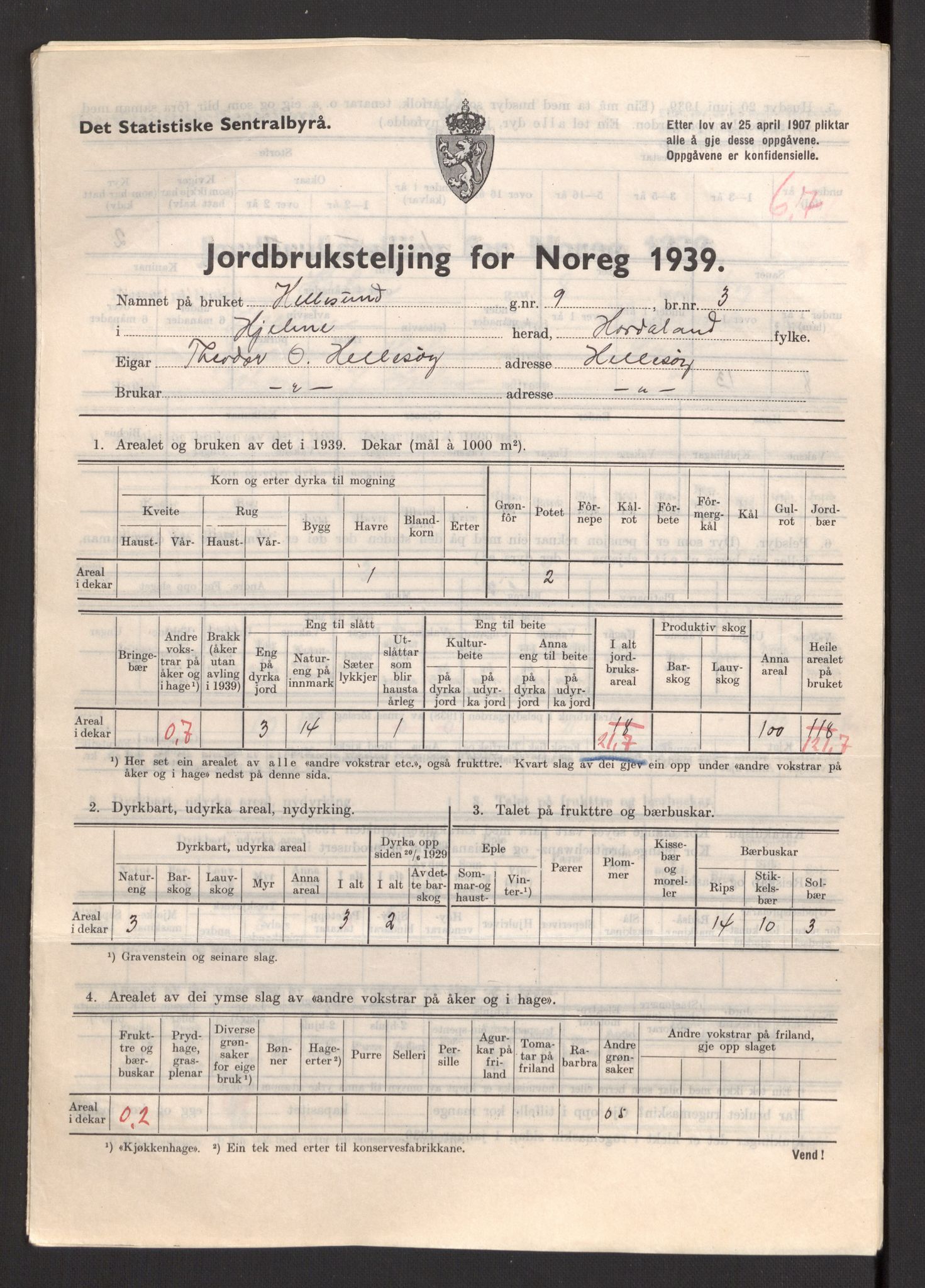 Statistisk sentralbyrå, Næringsøkonomiske emner, Jordbruk, skogbruk, jakt, fiske og fangst, AV/RA-S-2234/G/Gb/L0211: Hordaland: Herdla, Hjelme og Manger, 1939, p. 1355