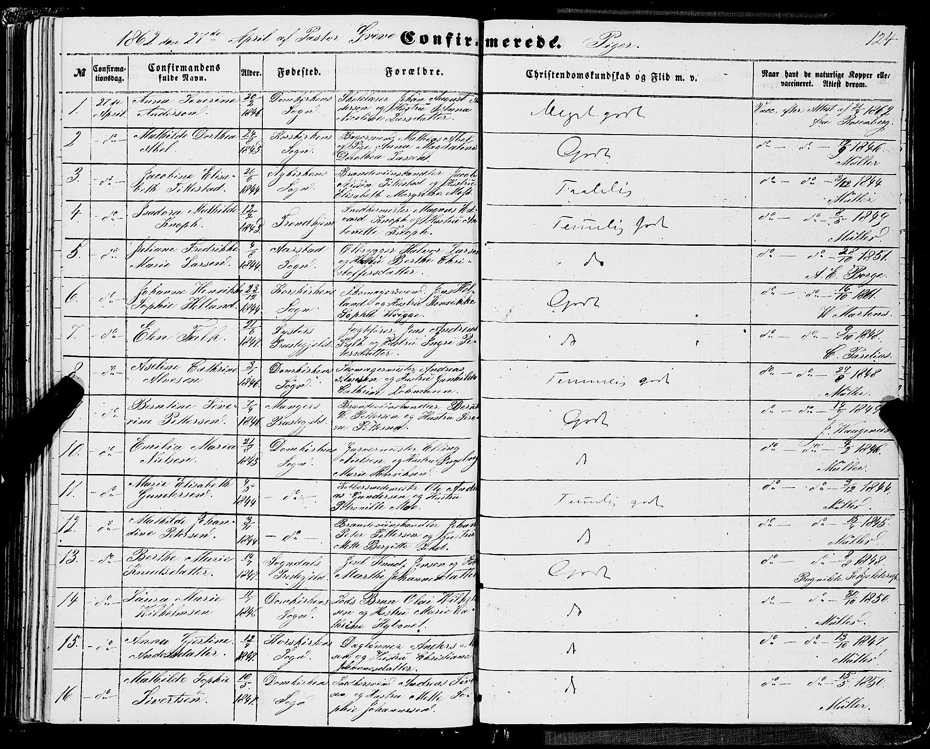 Domkirken sokneprestembete, SAB/A-74801/H/Haa/L0028: Parish register (official) no. C 3, 1852-1864, p. 124