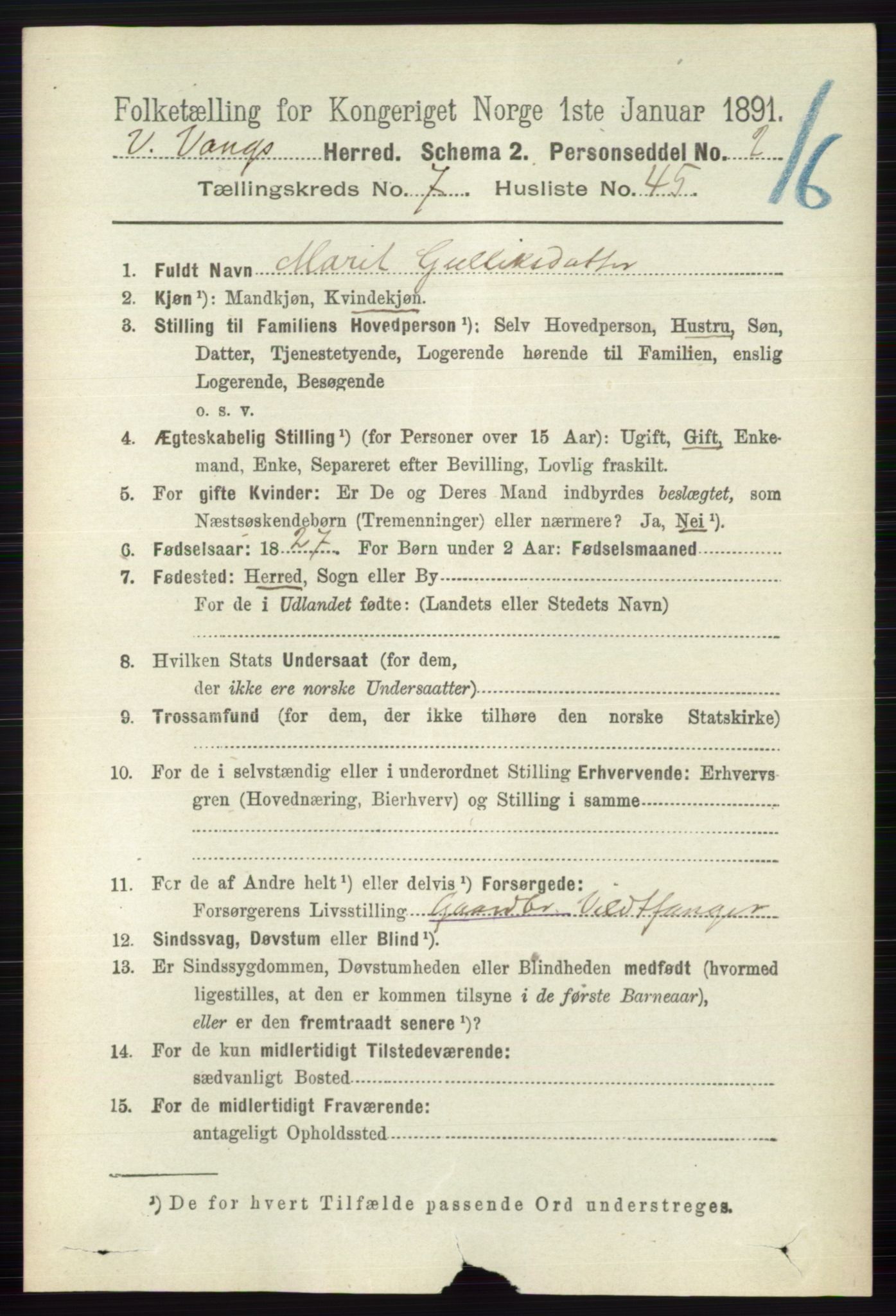 RA, 1891 census for 0545 Vang, 1891, p. 1701