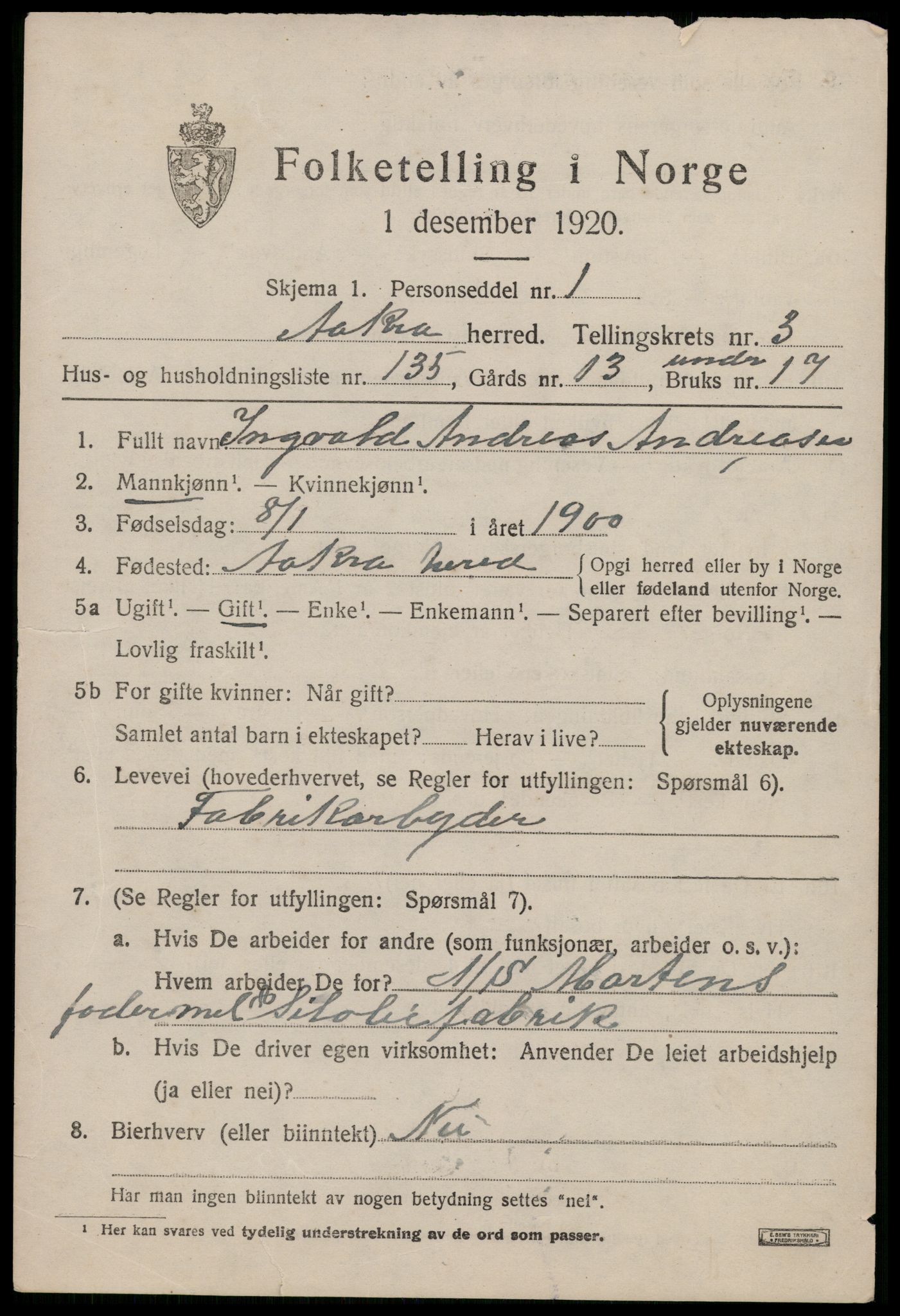 SAST, 1920 census for Åkra, 1920, p. 5878