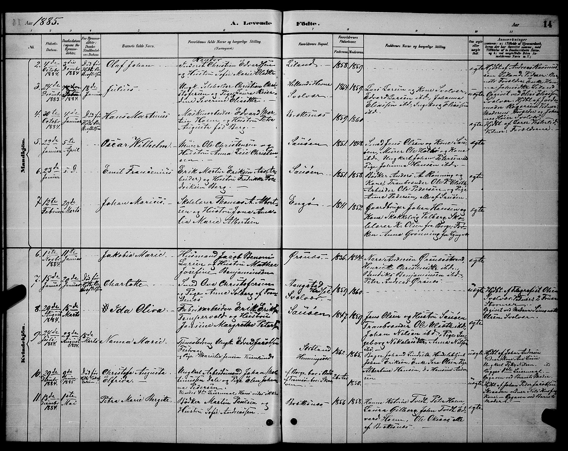 Ministerialprotokoller, klokkerbøker og fødselsregistre - Nordland, AV/SAT-A-1459/874/L1076: Parish register (copy) no. 874C05, 1884-1890, p. 14