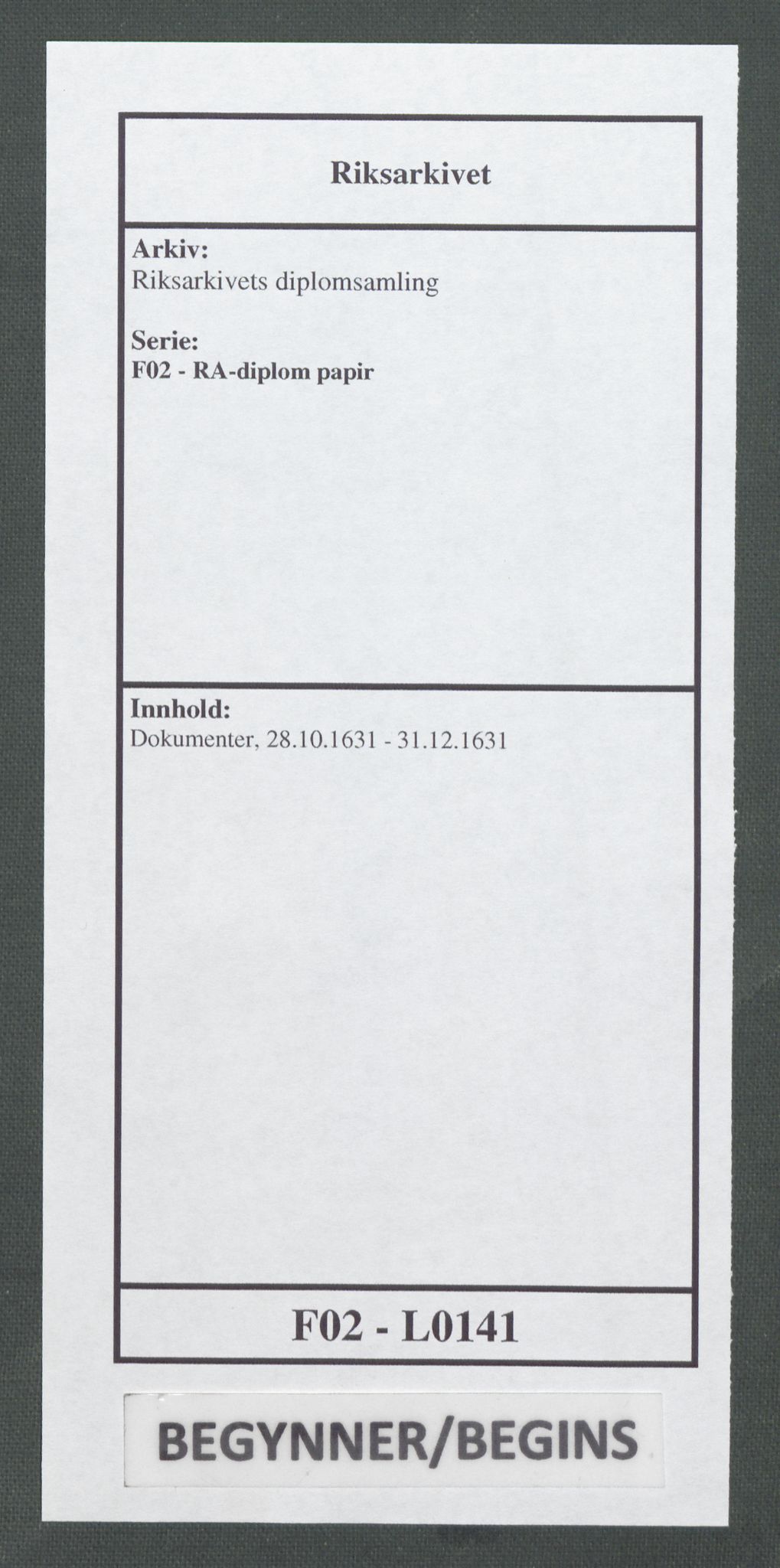Riksarkivets diplomsamling, RA/EA-5965/F02/L0141: Dokumenter, 1631, p. 1