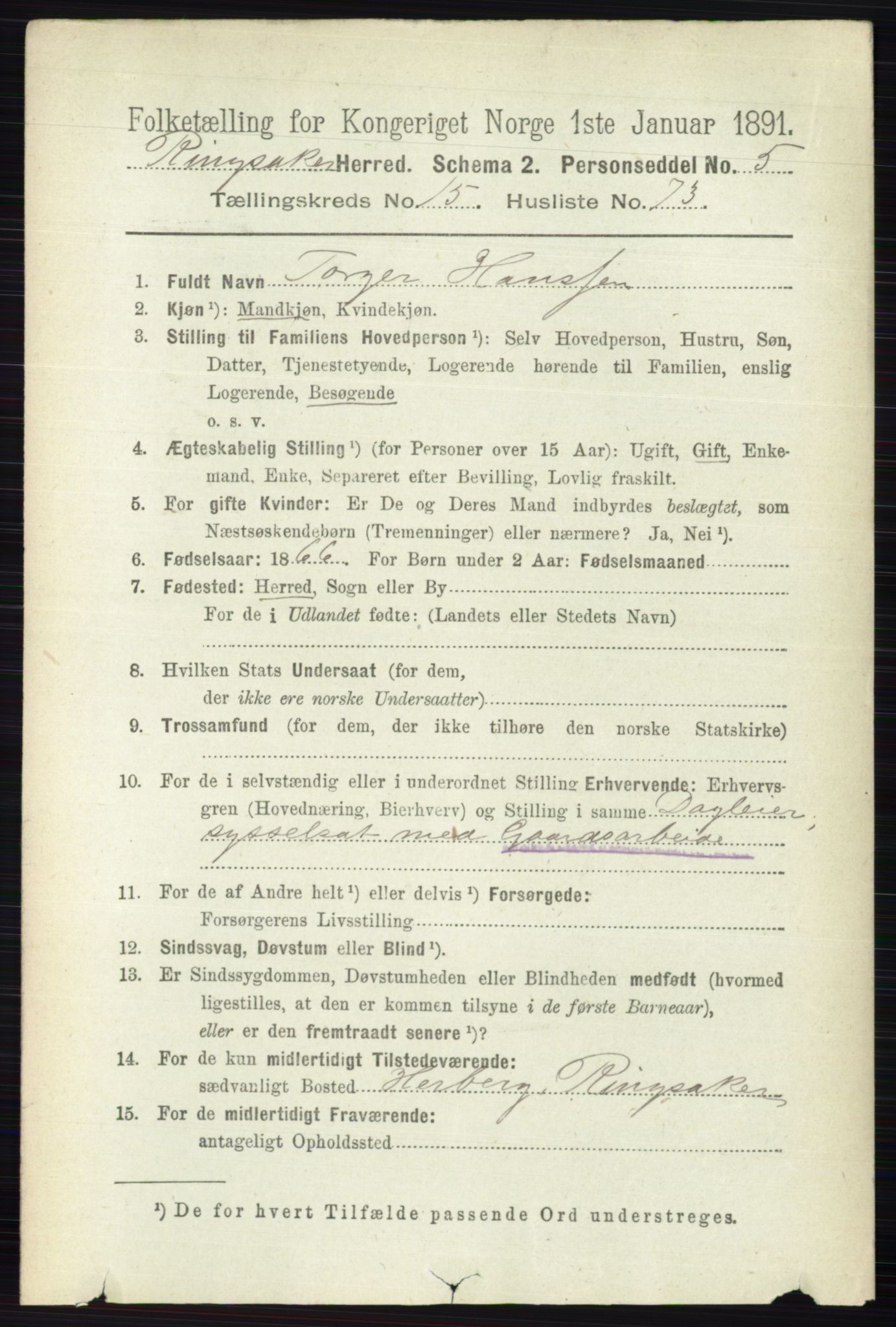 RA, 1891 census for 0412 Ringsaker, 1891, p. 8929
