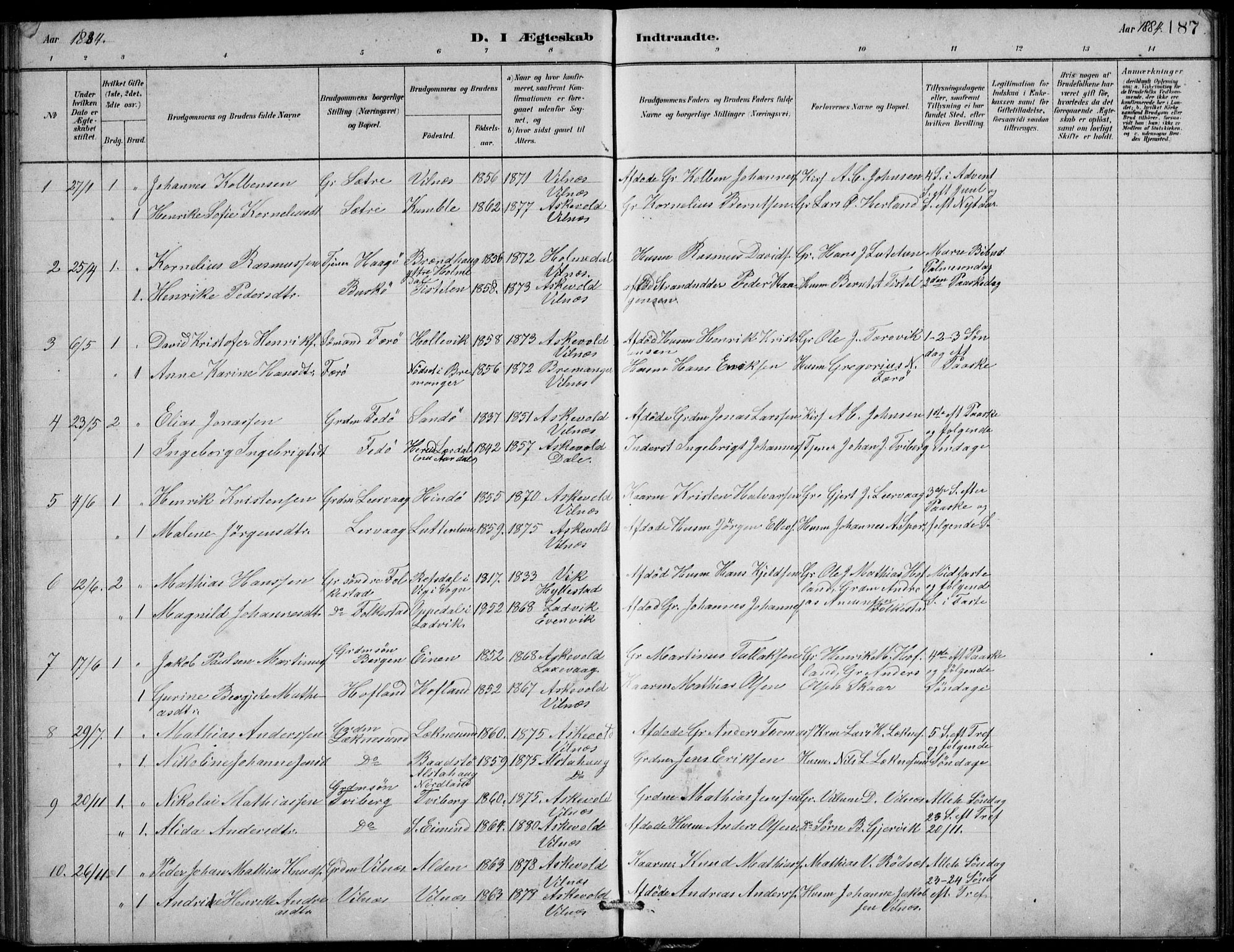 Askvoll sokneprestembete, SAB/A-79501/H/Hab/Habb/L0001: Parish register (copy) no. B 1, 1879-1909, p. 187