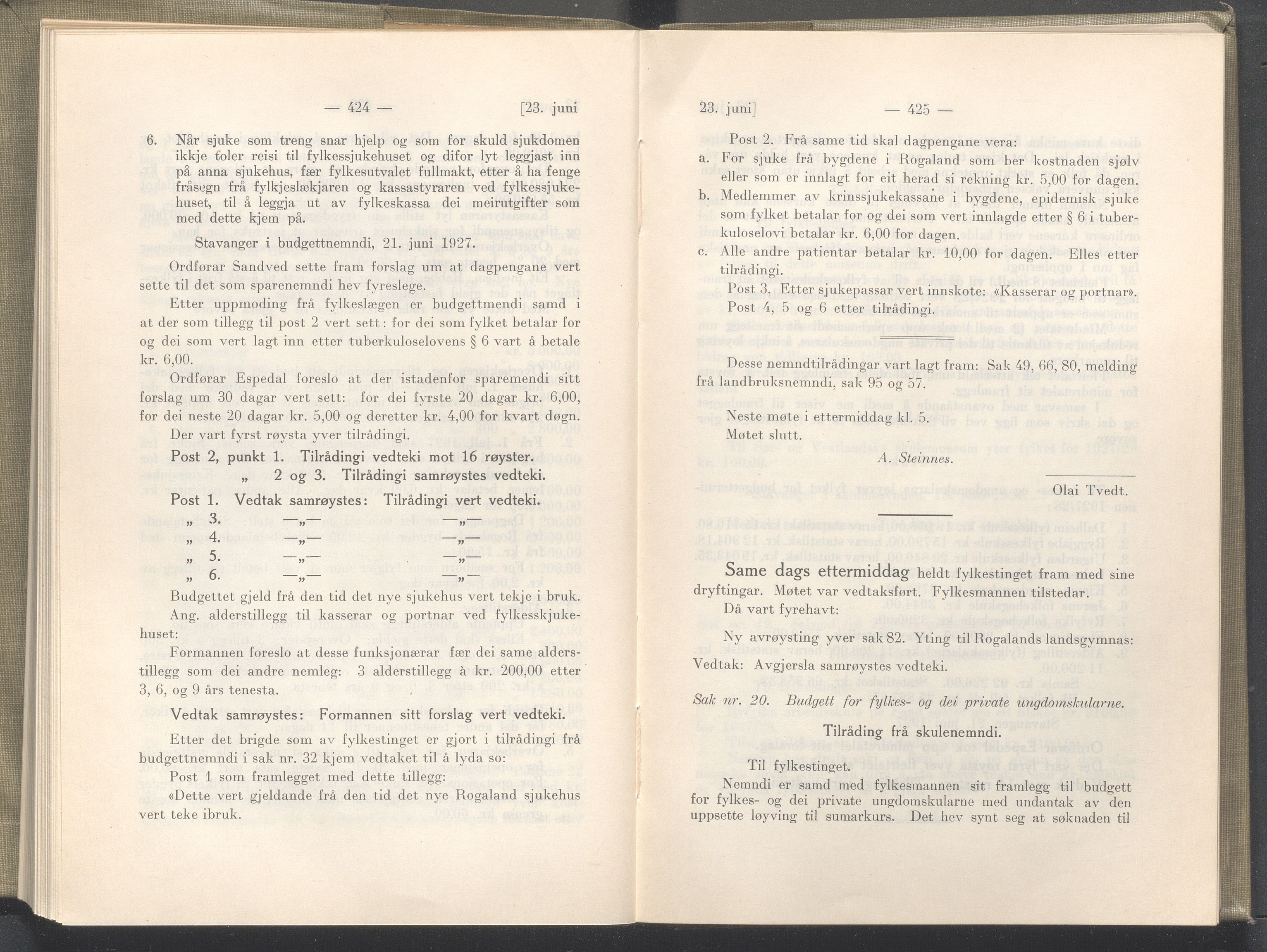 Rogaland fylkeskommune - Fylkesrådmannen , IKAR/A-900/A/Aa/Aaa/L0046: Møtebok , 1927, p. 424-425