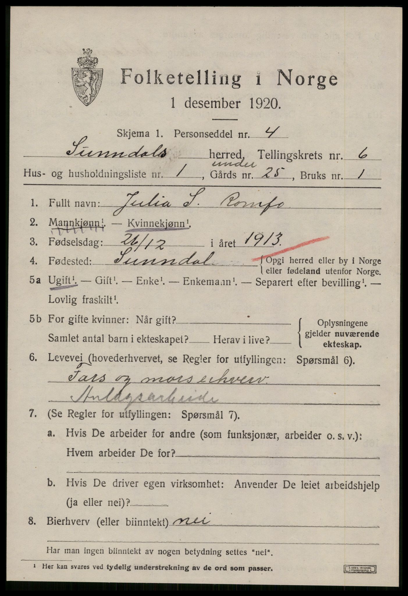 SAT, 1920 census for Sunndal, 1920, p. 3570