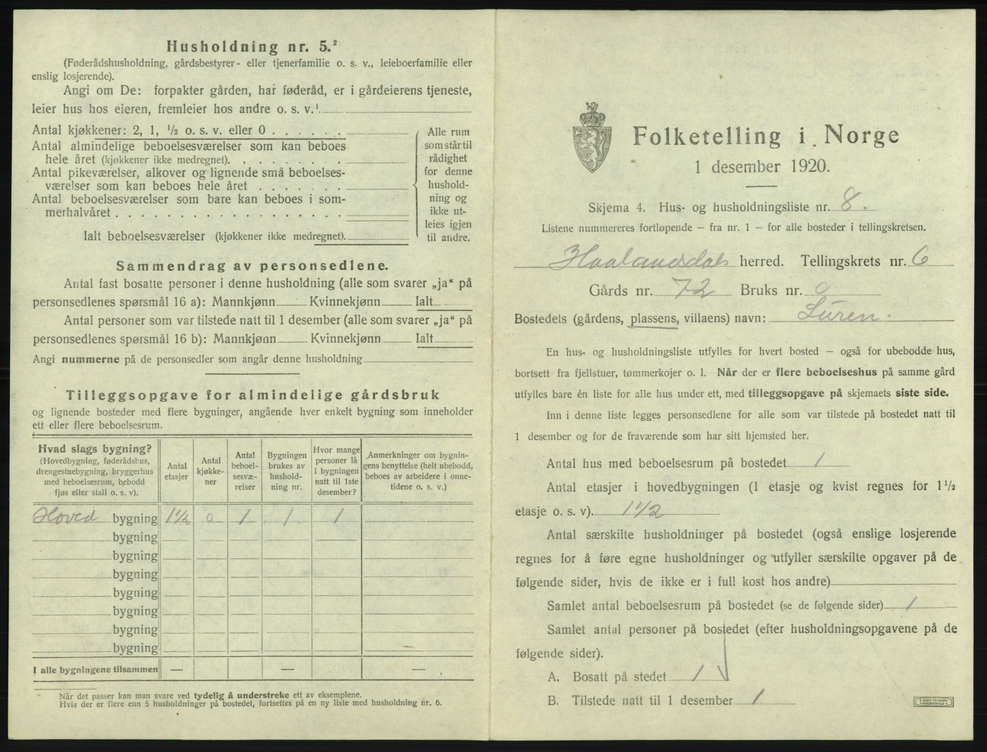 SAB, 1920 census for Hålandsdal, 1920, p. 204