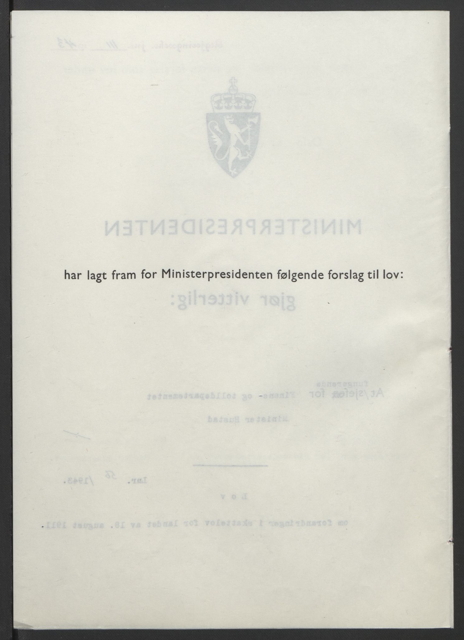 NS-administrasjonen 1940-1945 (Statsrådsekretariatet, de kommisariske statsråder mm), RA/S-4279/D/Db/L0099: Lover, 1943, p. 252