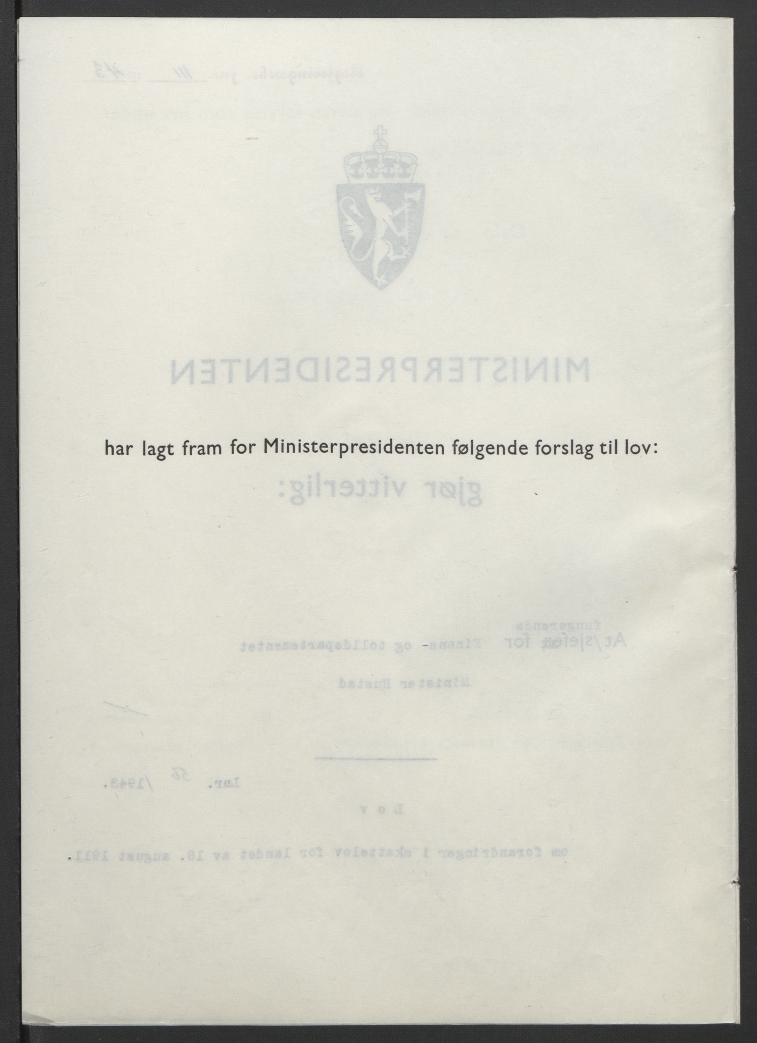 NS-administrasjonen 1940-1945 (Statsrådsekretariatet, de kommisariske statsråder mm), AV/RA-S-4279/D/Db/L0099: Lover, 1943, p. 252