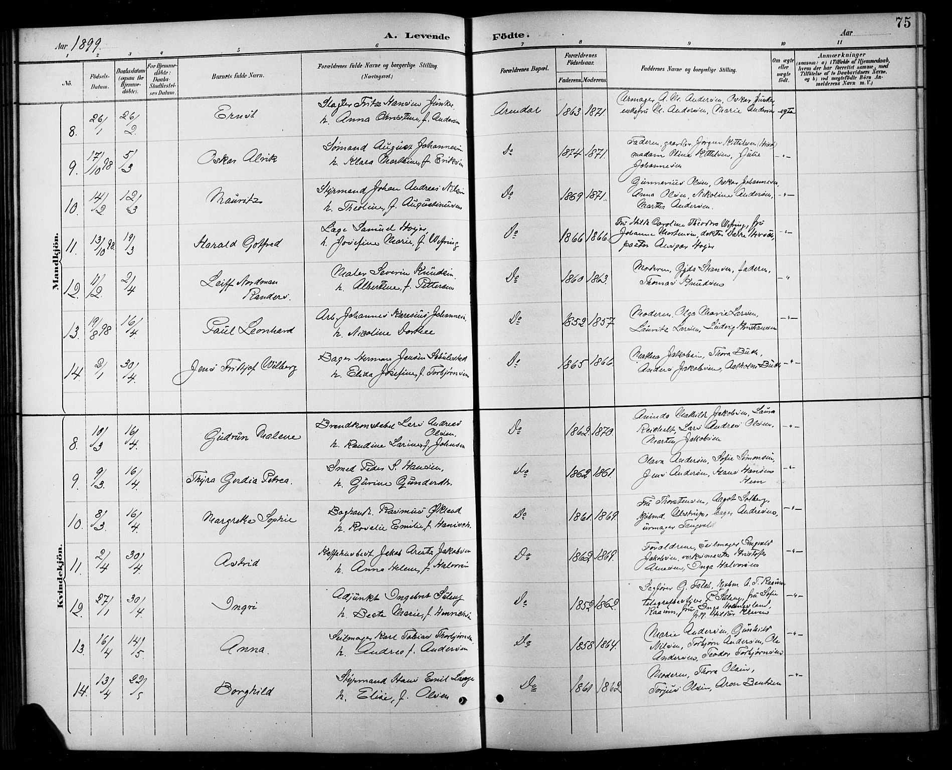 Arendal sokneprestkontor, Trefoldighet, SAK/1111-0040/F/Fb/L0006: Parish register (copy) no. B 6, 1889-1916, p. 75