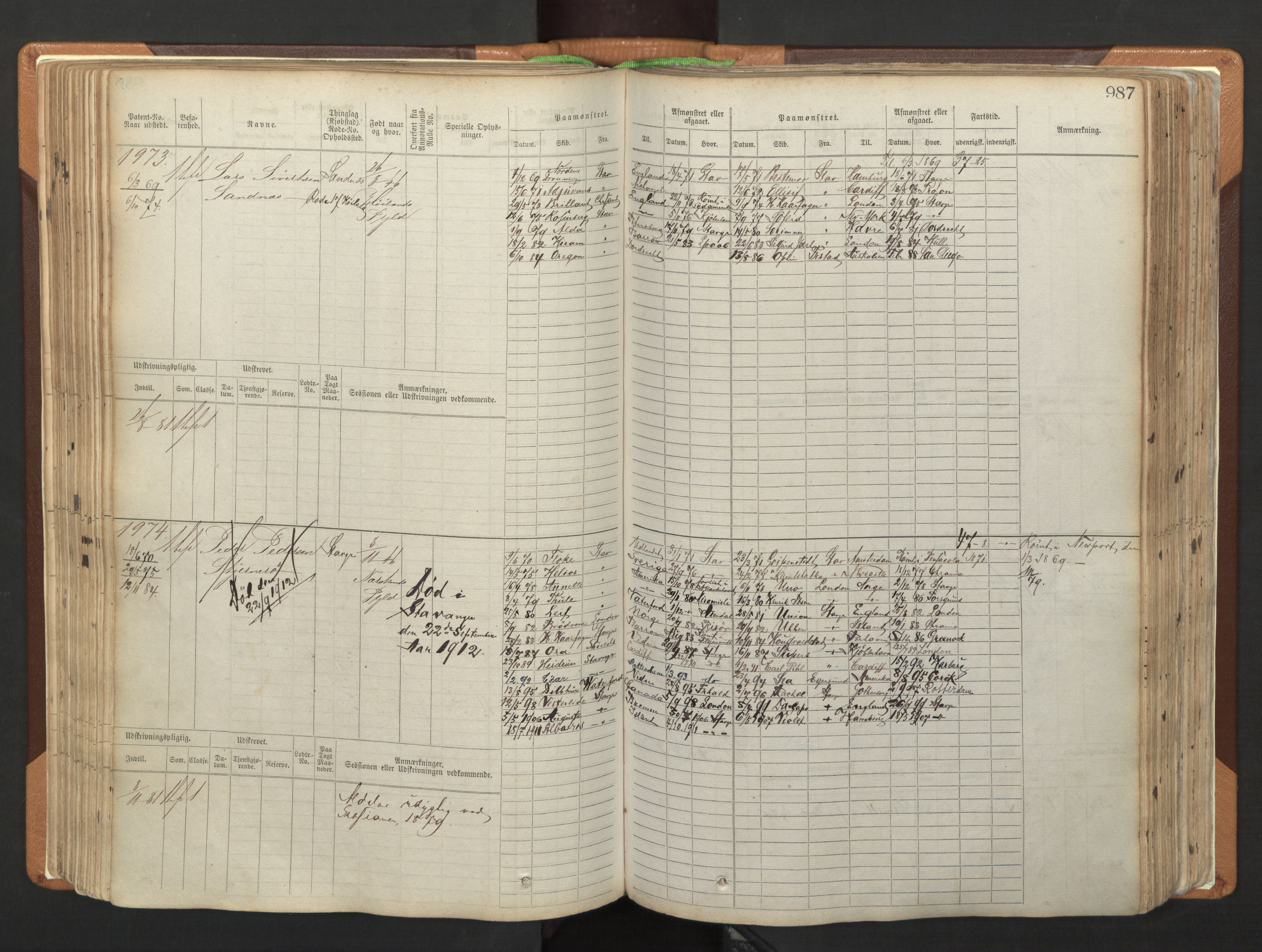 Stavanger sjømannskontor, AV/SAST-A-102006/F/Fb/Fbb/L0006: Sjøfartshovedrulle, patentnr. 1607-2402 (del 3), 1869-1880, p. 187