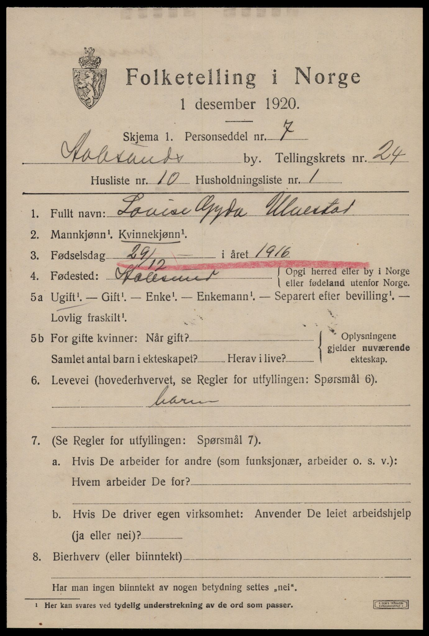 SAT, 1920 census for Ålesund, 1920, p. 43388