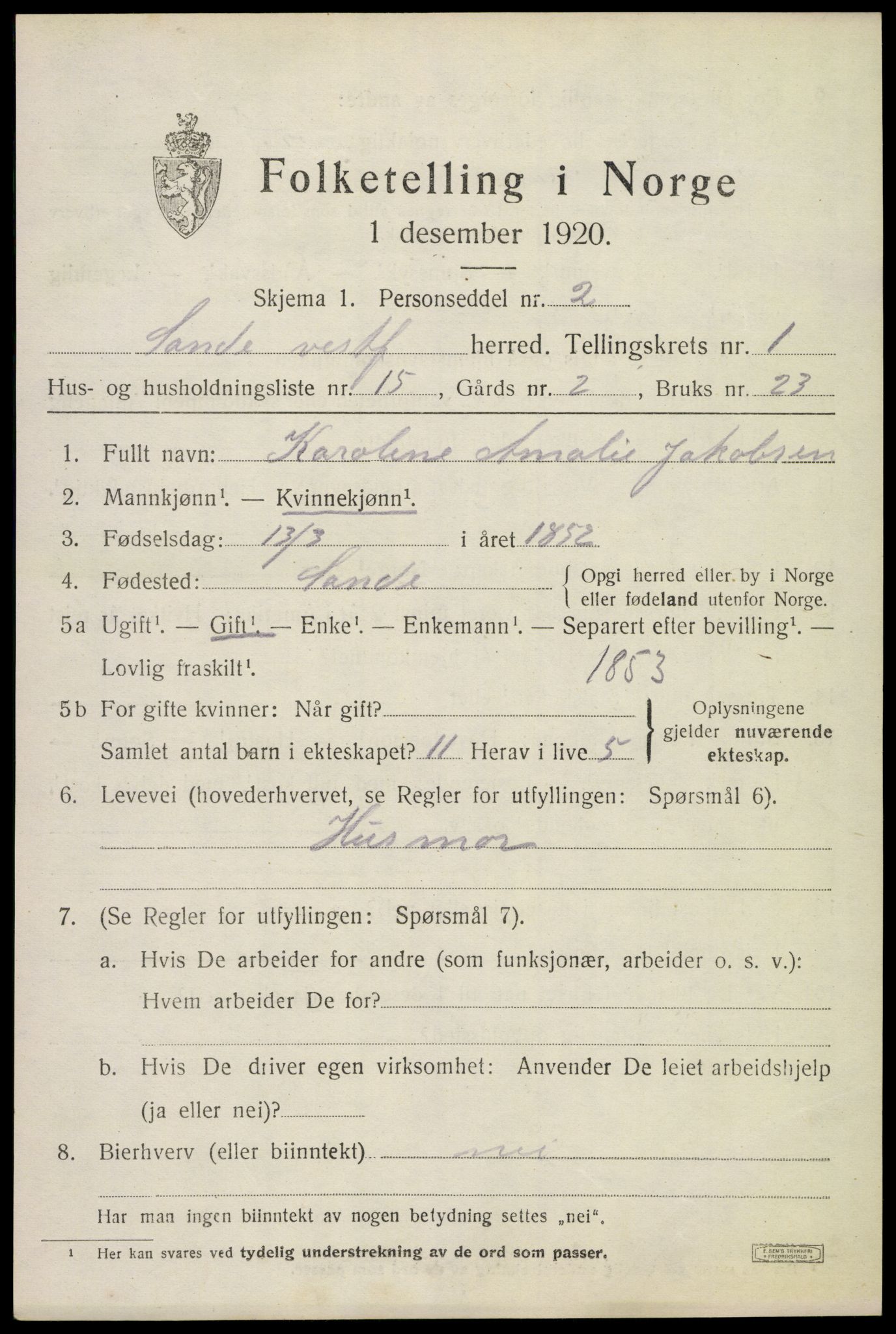 SAKO, 1920 census for Sande, 1920, p. 1760