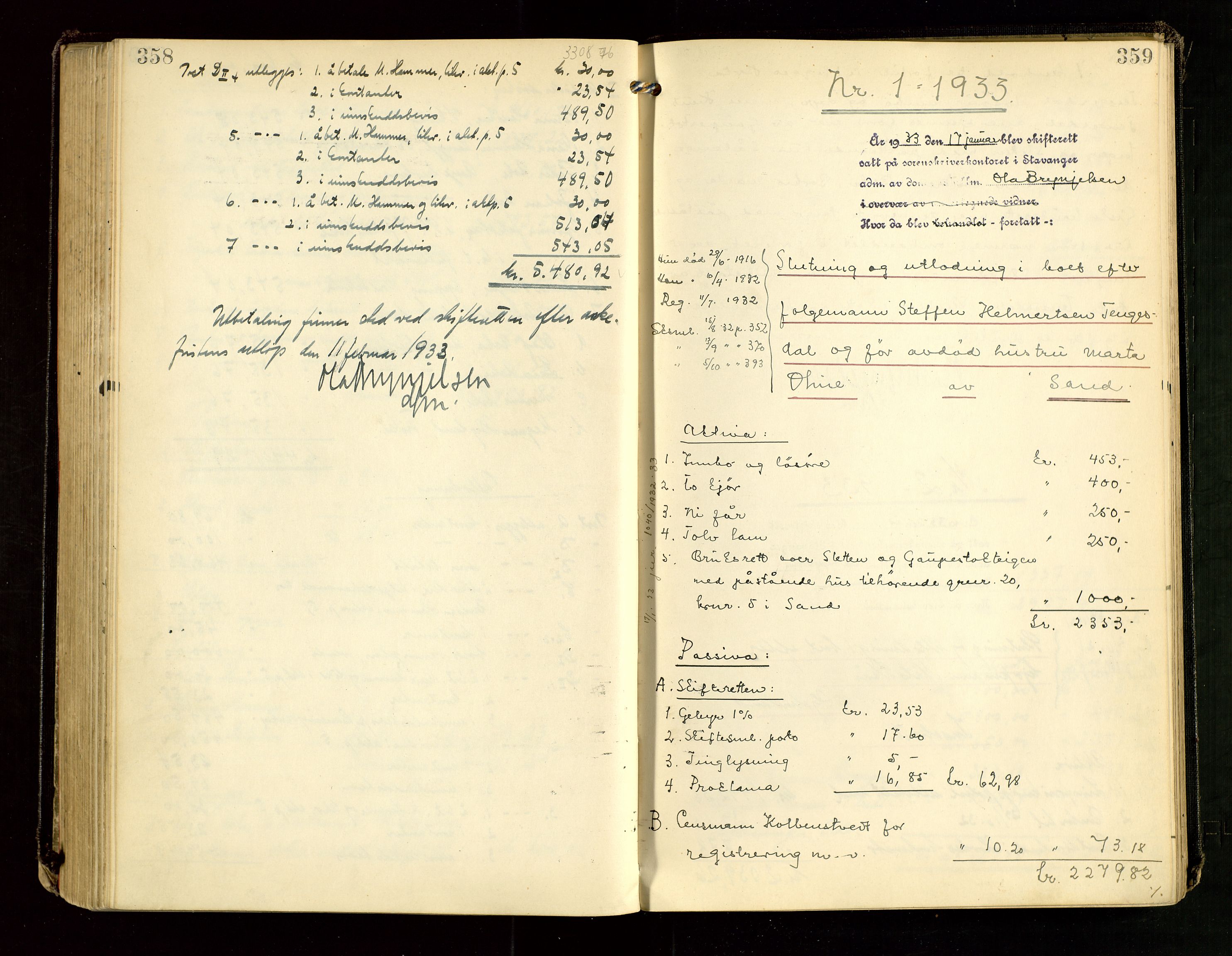 Ryfylke tingrett, AV/SAST-A-100055/001/IV/IVG/L0007: Skifteutlodningsprotokoll Med register, 1929-1933, p. 358-359