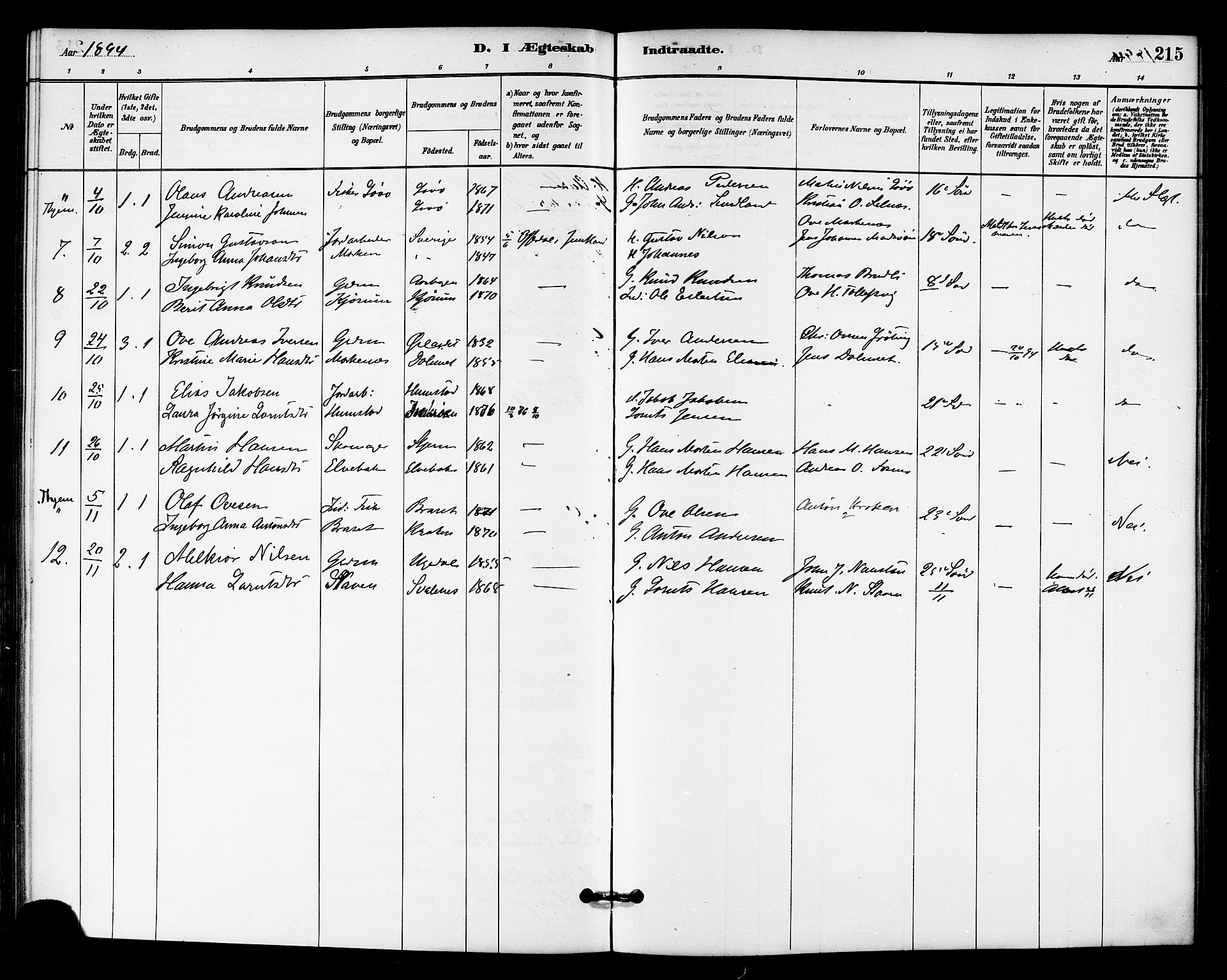 Ministerialprotokoller, klokkerbøker og fødselsregistre - Sør-Trøndelag, AV/SAT-A-1456/655/L0680: Parish register (official) no. 655A09, 1880-1894, p. 215