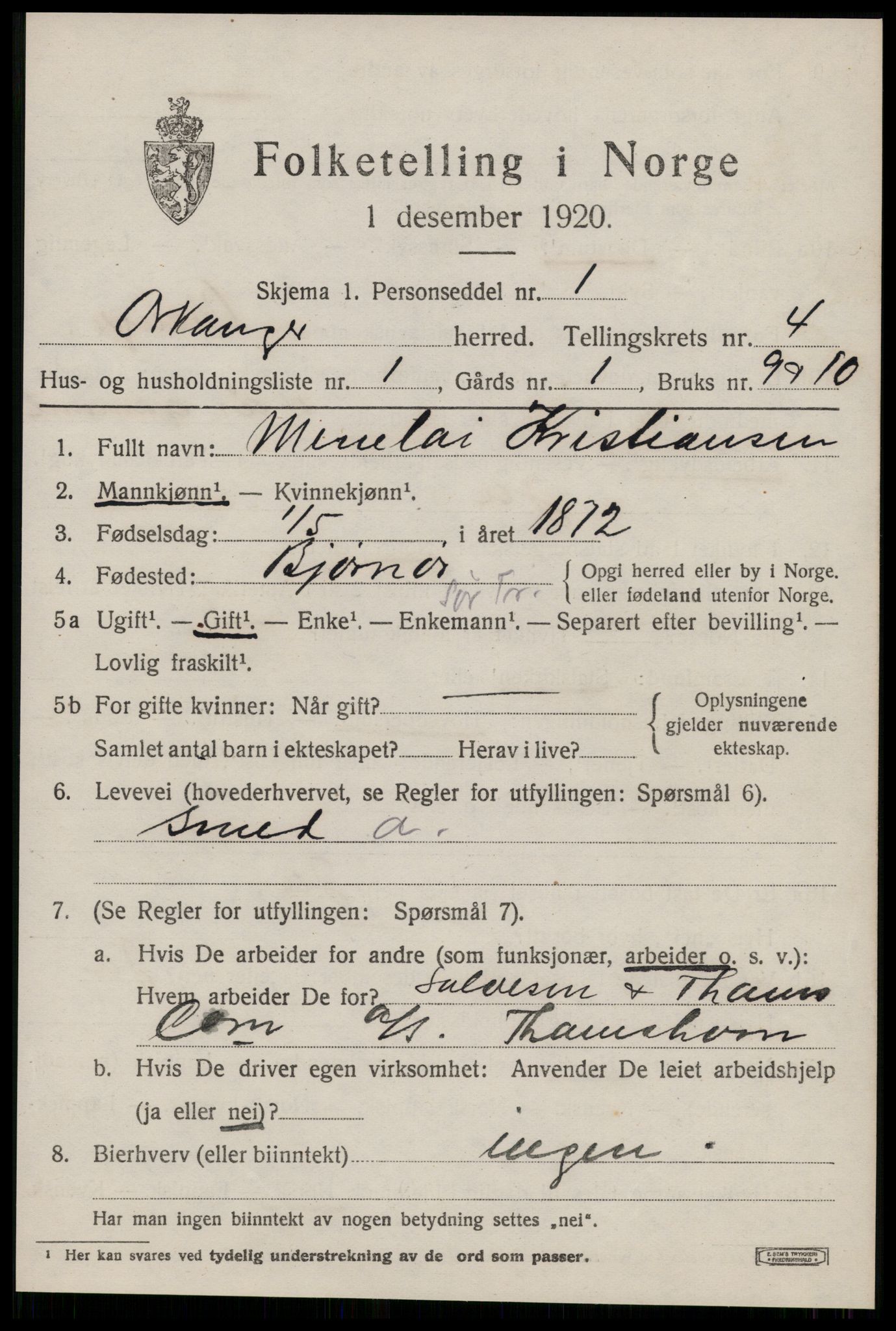 SAT, 1920 census for Orkanger, 1920, p. 2113