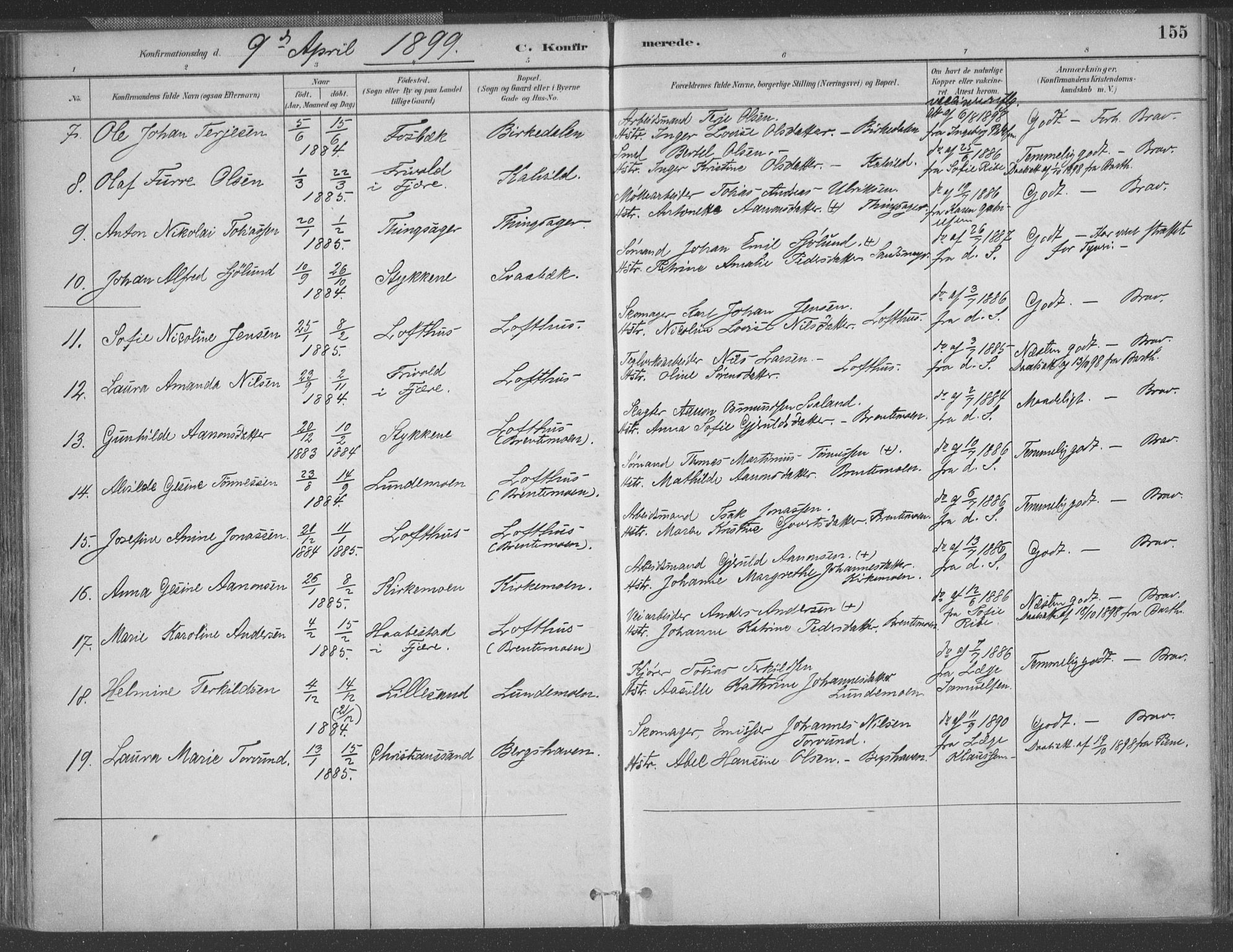 Vestre Moland sokneprestkontor, AV/SAK-1111-0046/F/Fa/Fab/L0009: Parish register (official) no. A 9, 1884-1899, p. 155