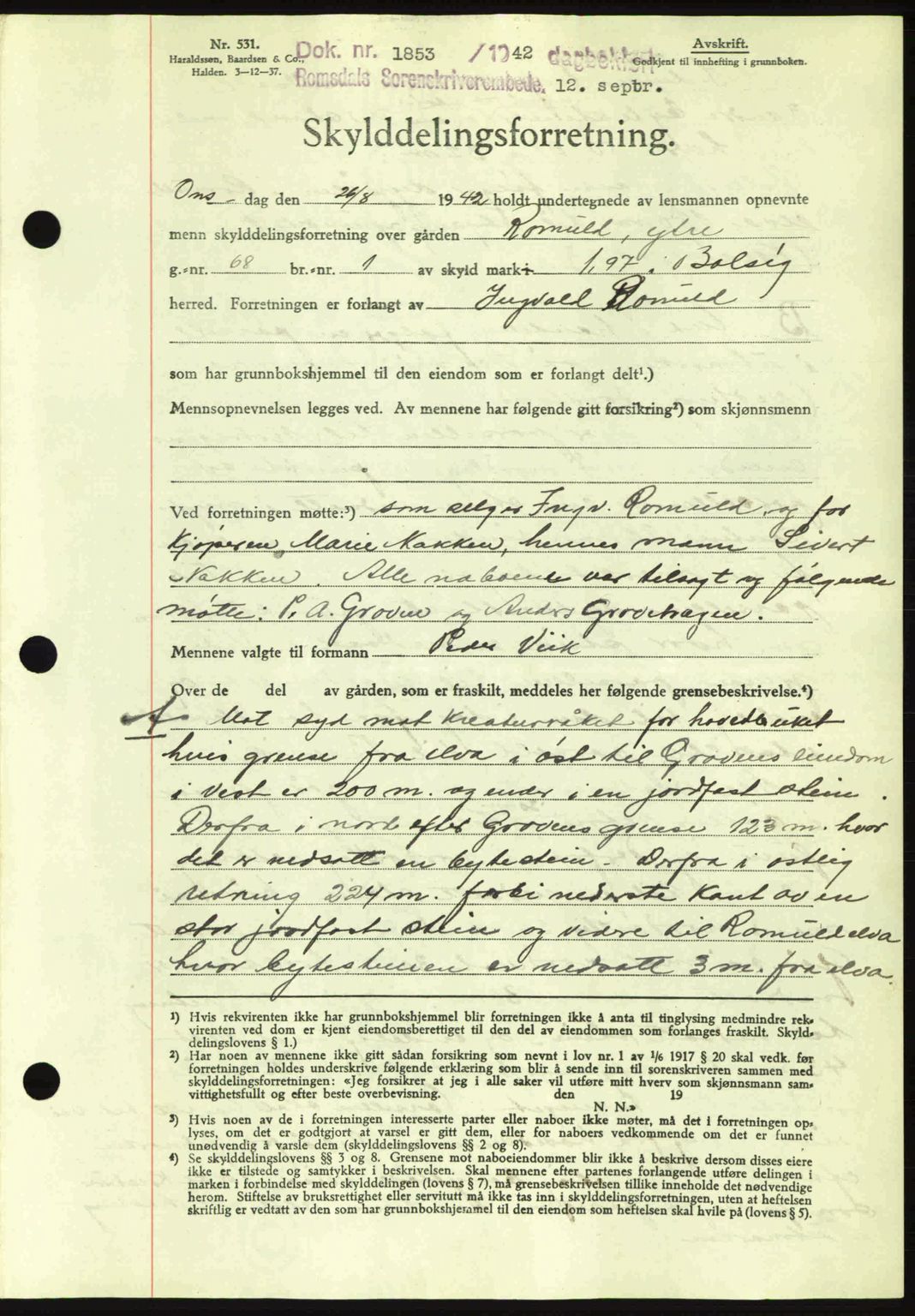 Romsdal sorenskriveri, AV/SAT-A-4149/1/2/2C: Mortgage book no. A12, 1942-1942, Diary no: : 1853/1942