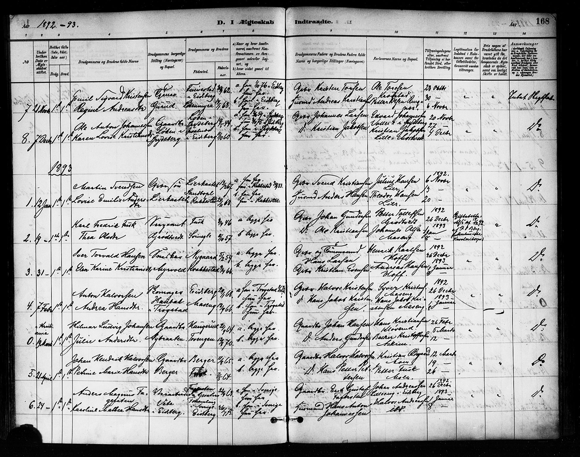 Askim prestekontor Kirkebøker, AV/SAO-A-10900/F/Fa/L0007: Parish register (official) no. 7, 1882-1897, p. 168