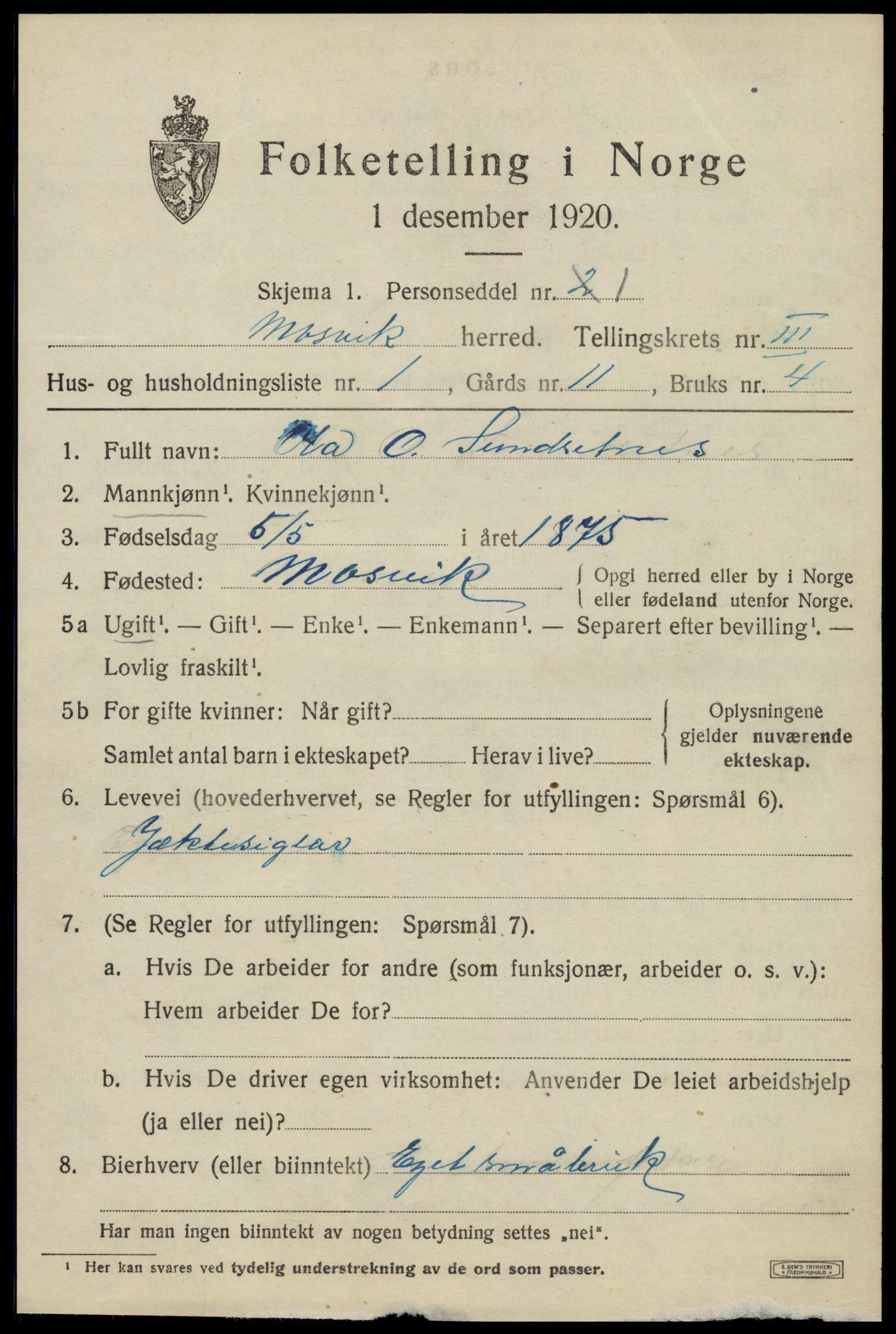 SAT, 1920 census for Mosvik, 1920, p. 852