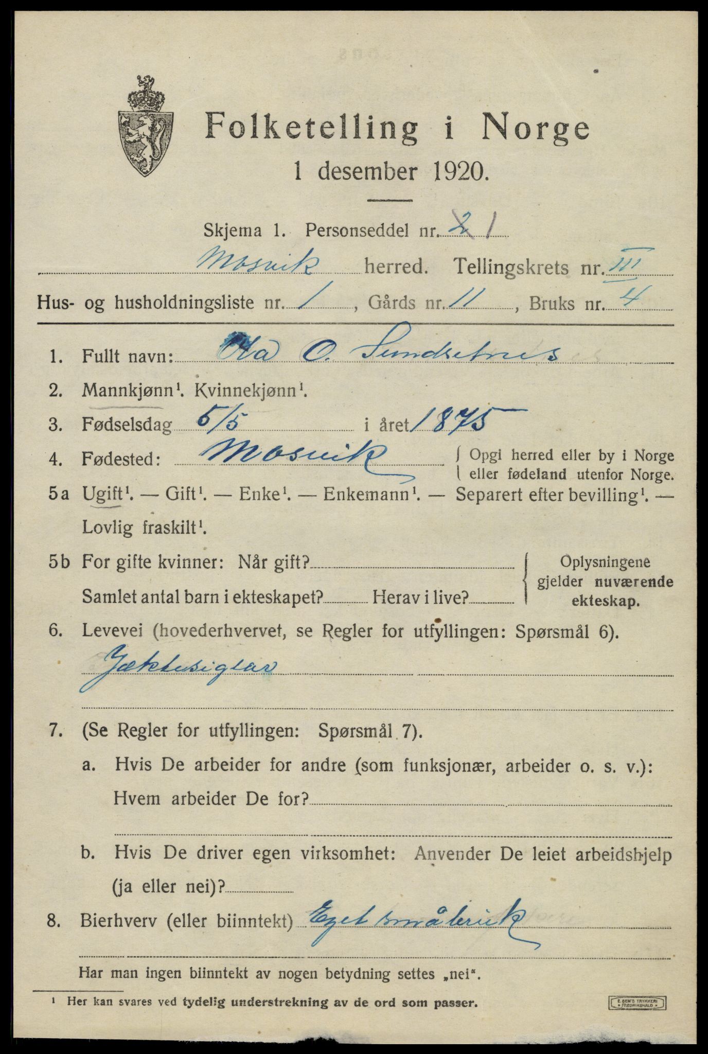 SAT, 1920 census for Mosvik, 1920, p. 852