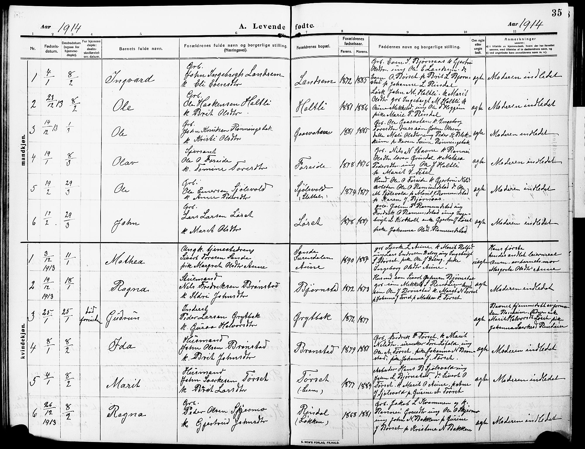 Ministerialprotokoller, klokkerbøker og fødselsregistre - Møre og Romsdal, AV/SAT-A-1454/598/L1079: Parish register (copy) no. 598C04, 1909-1927, p. 35