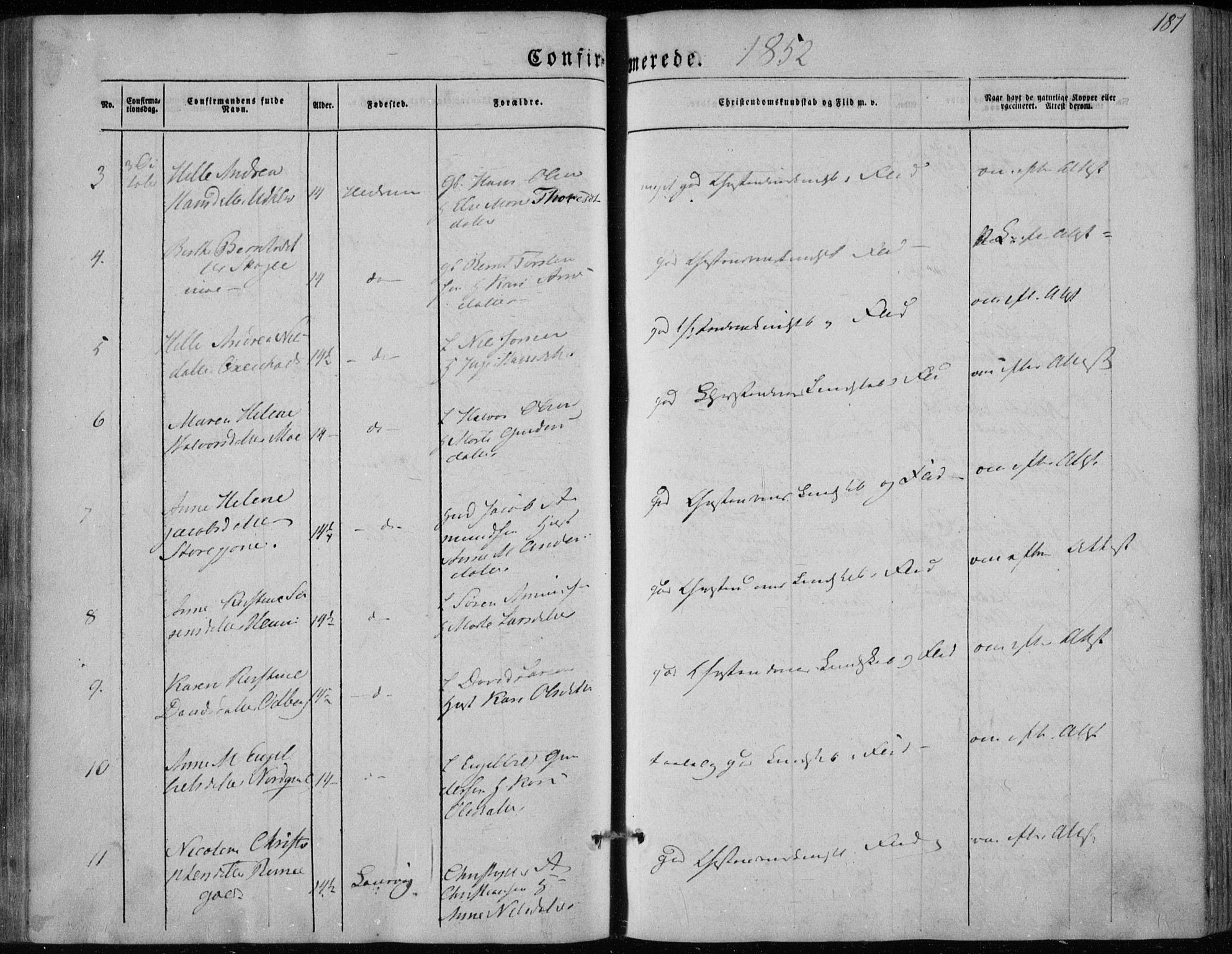 Hedrum kirkebøker, AV/SAKO-A-344/F/Fa/L0006: Parish register (official) no. I 6, 1849-1857, p. 187