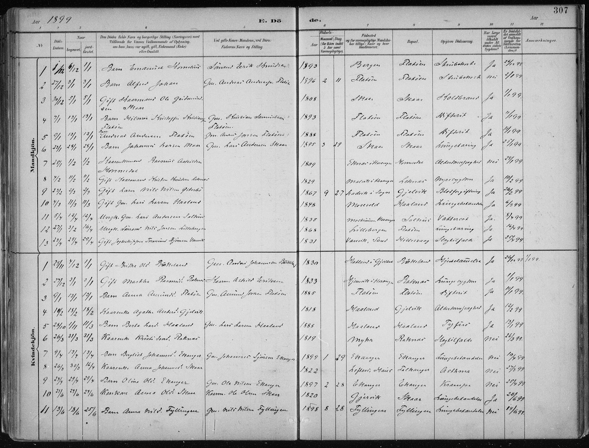 Hamre sokneprestembete, SAB/A-75501/H/Ha/Haa/Haab/L0001: Parish register (official) no. B  1, 1882-1905, p. 307