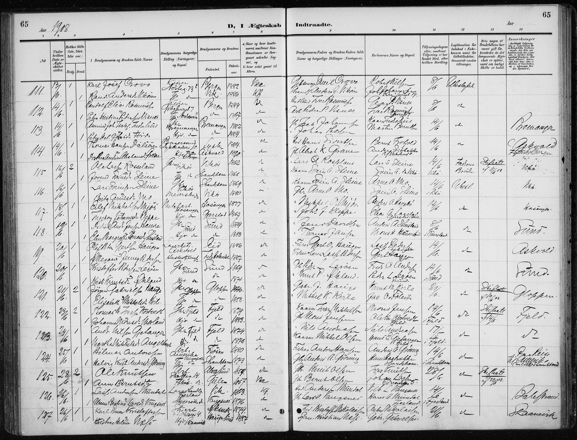 Nykirken Sokneprestembete, AV/SAB-A-77101/H/Haa/L0035: Parish register (official) no. D 5, 1905-1913, p. 65