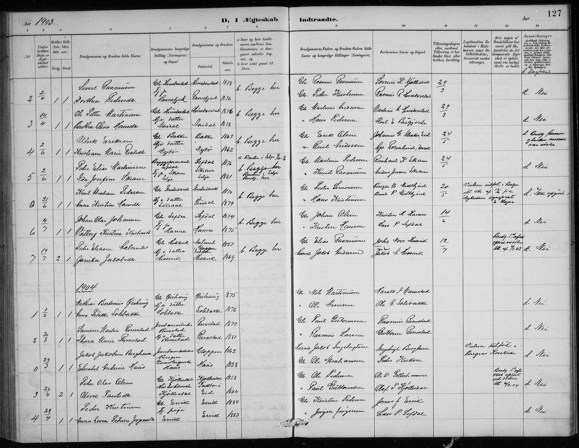 Davik sokneprestembete, AV/SAB-A-79701/H/Hab/Haba/L0002: Parish register (copy) no. A 2, 1890-1911, p. 127