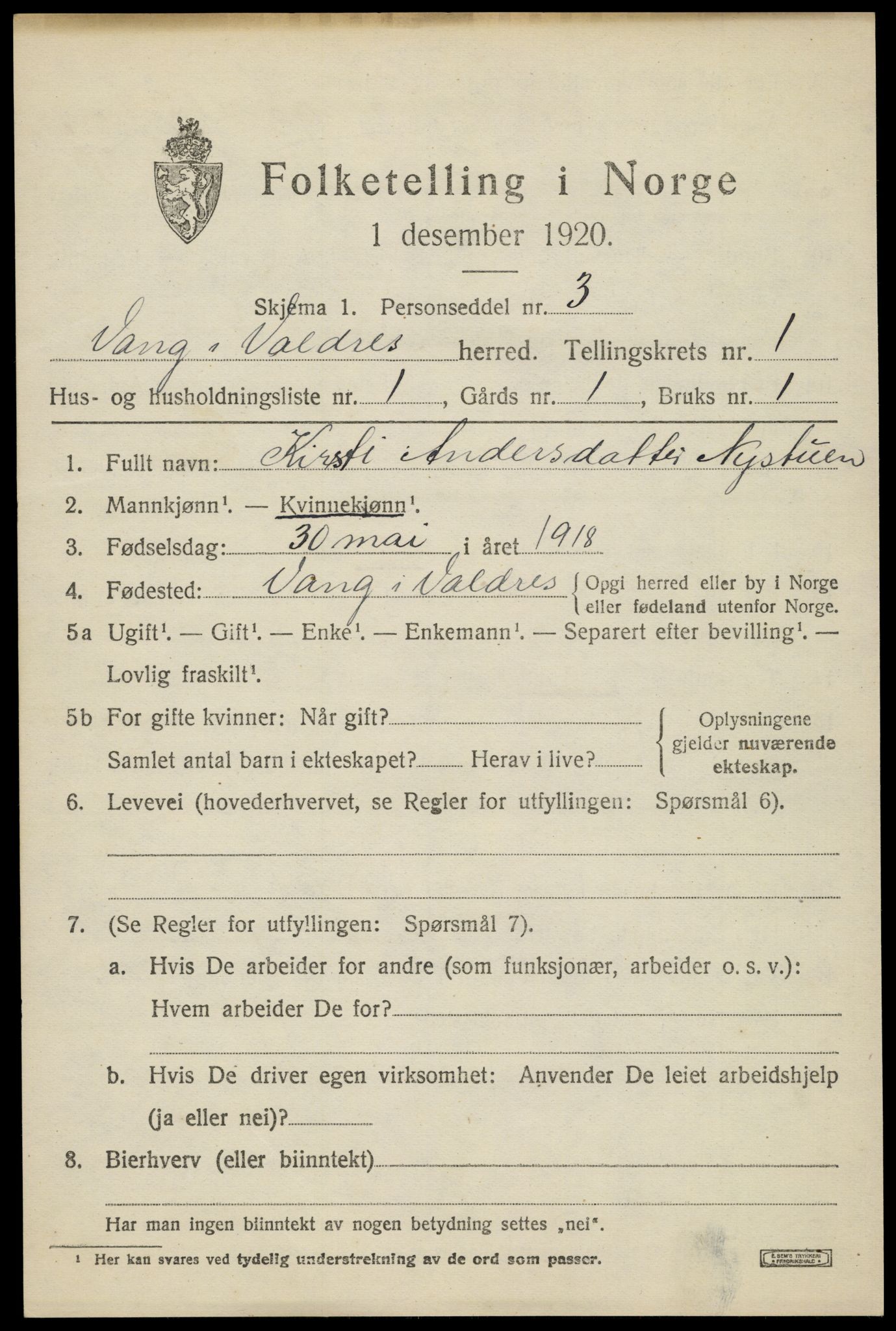 SAH, 1920 census for Vang (Oppland), 1920, p. 673