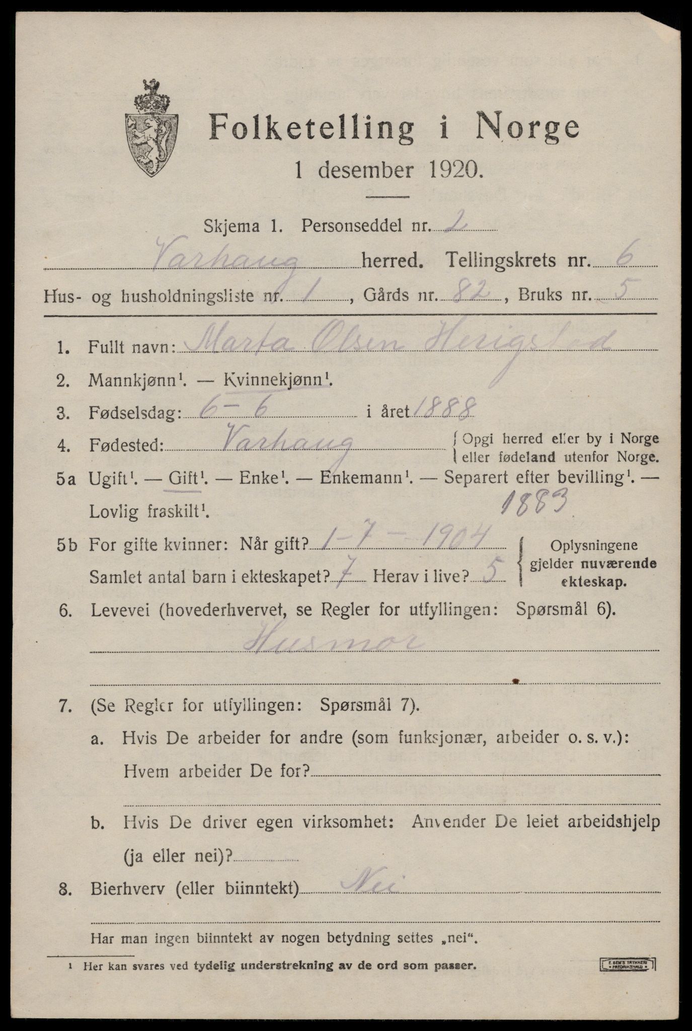 SAST, 1920 census for Varhaug, 1920, p. 5081