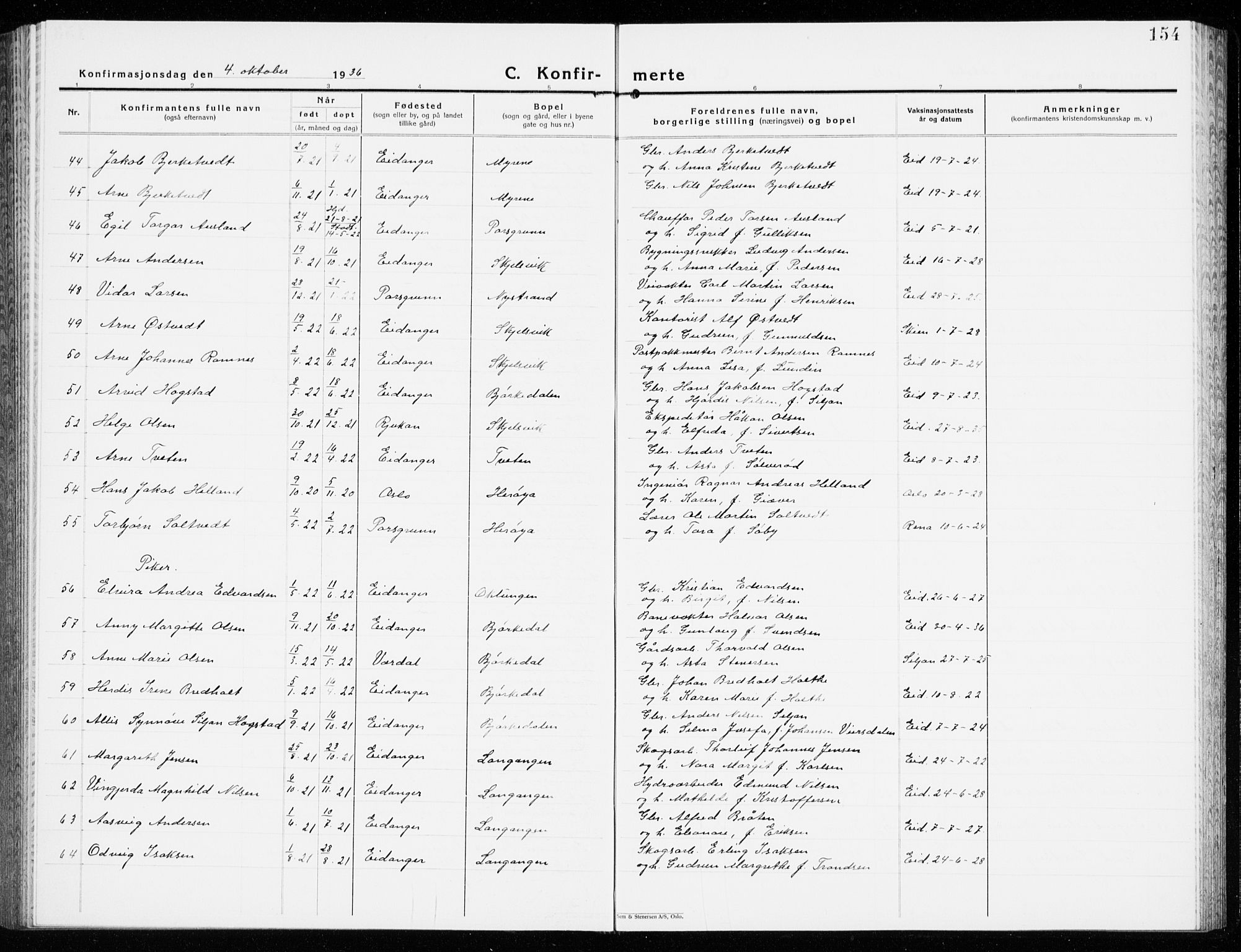 Eidanger kirkebøker, AV/SAKO-A-261/G/Ga/L0005: Parish register (copy) no. 5, 1928-1942, p. 154