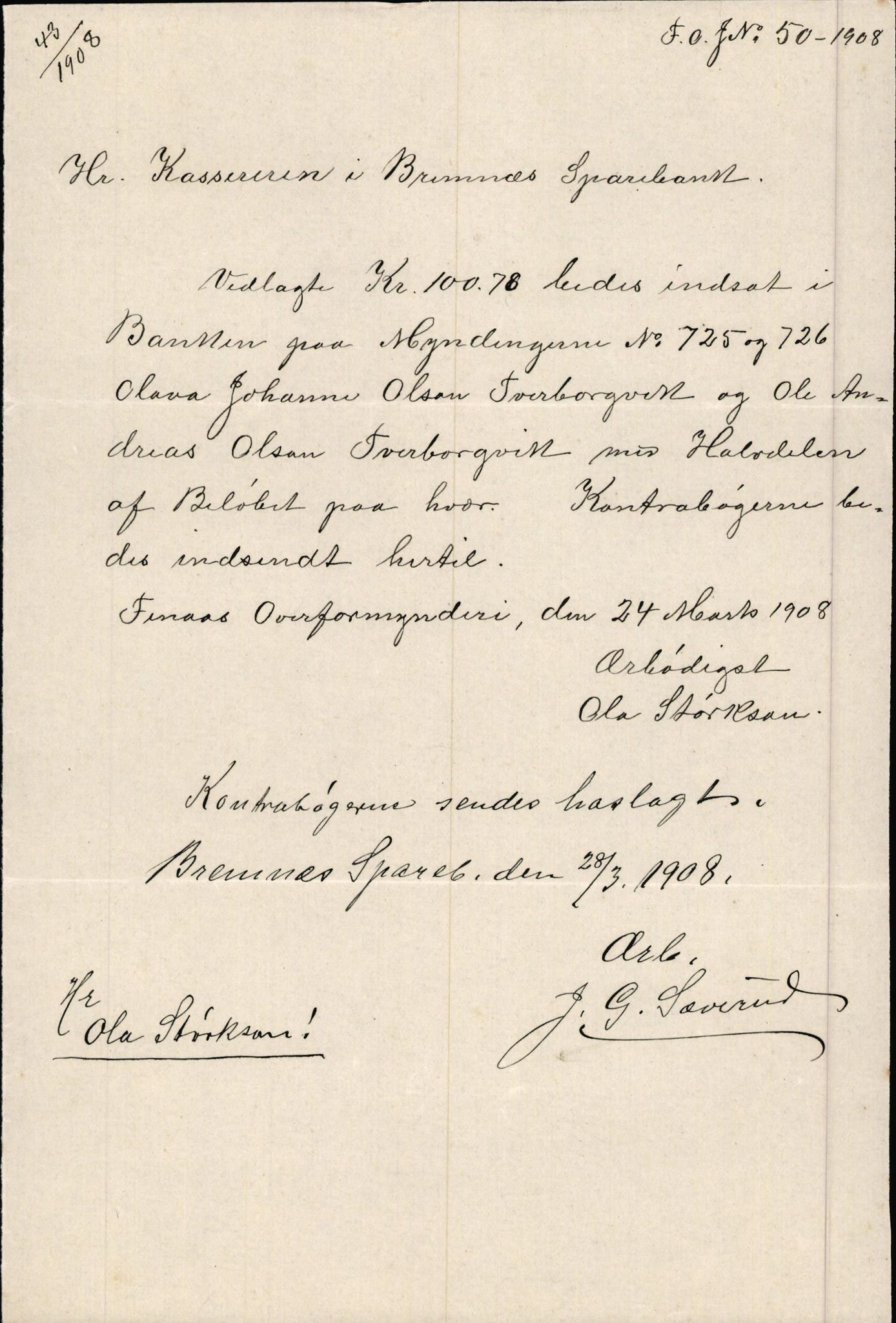 Finnaas kommune. Overformynderiet, IKAH/1218a-812/D/Da/Daa/L0002/0003: Kronologisk ordna korrespondanse / Kronologisk ordna korrespondanse, 1905-1909, p. 117