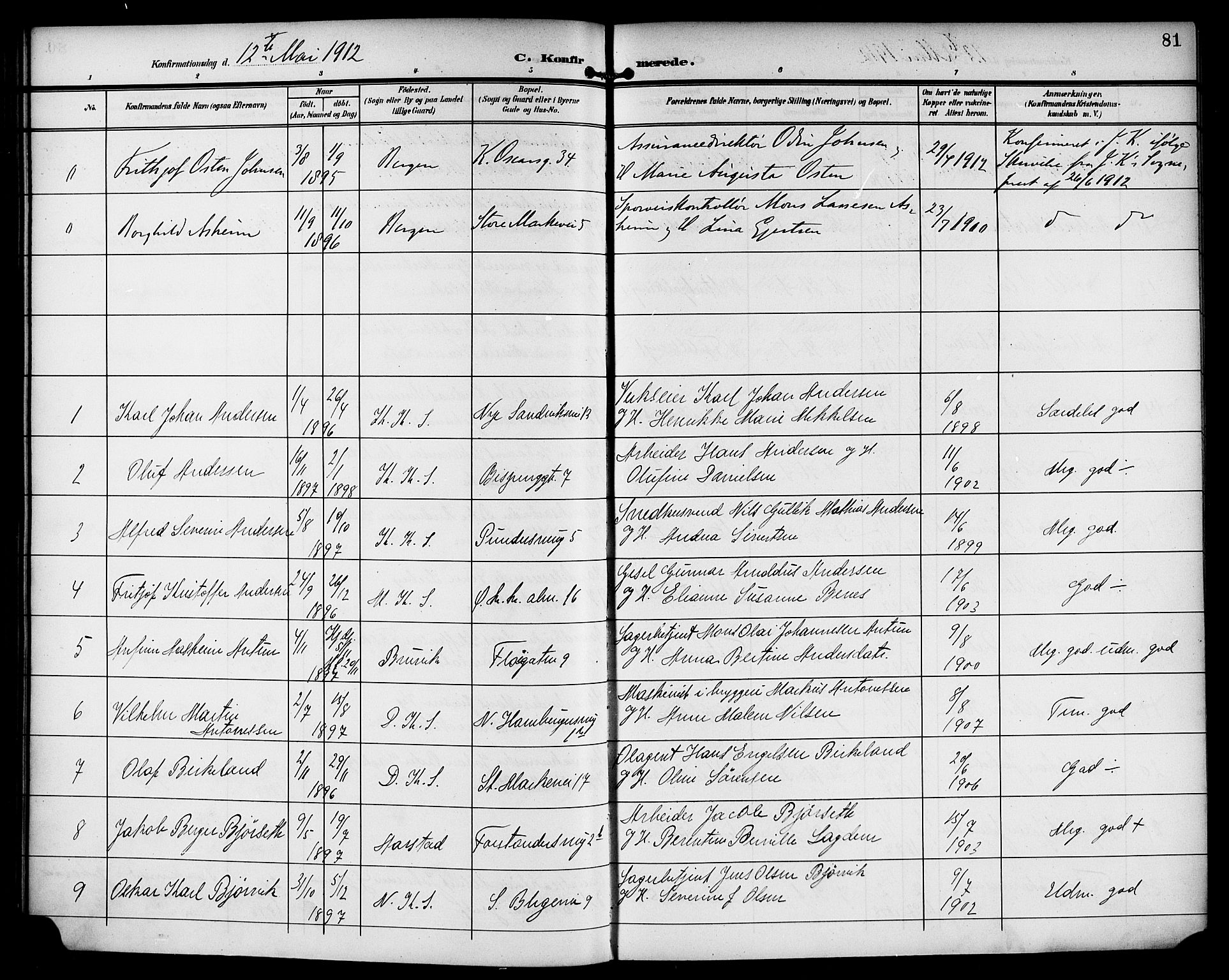 Korskirken sokneprestembete, SAB/A-76101/H/Haa/L0031: Parish register (official) no. C 7, 1907-1921, p. 81