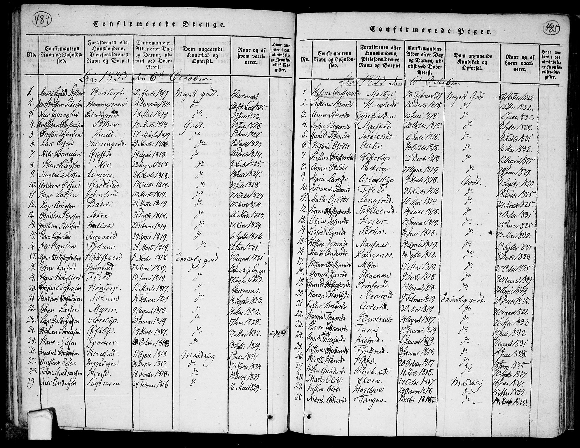 Trøgstad prestekontor Kirkebøker, SAO/A-10925/F/Fa/L0006: Parish register (official) no. I 6, 1815-1844, p. 484-485