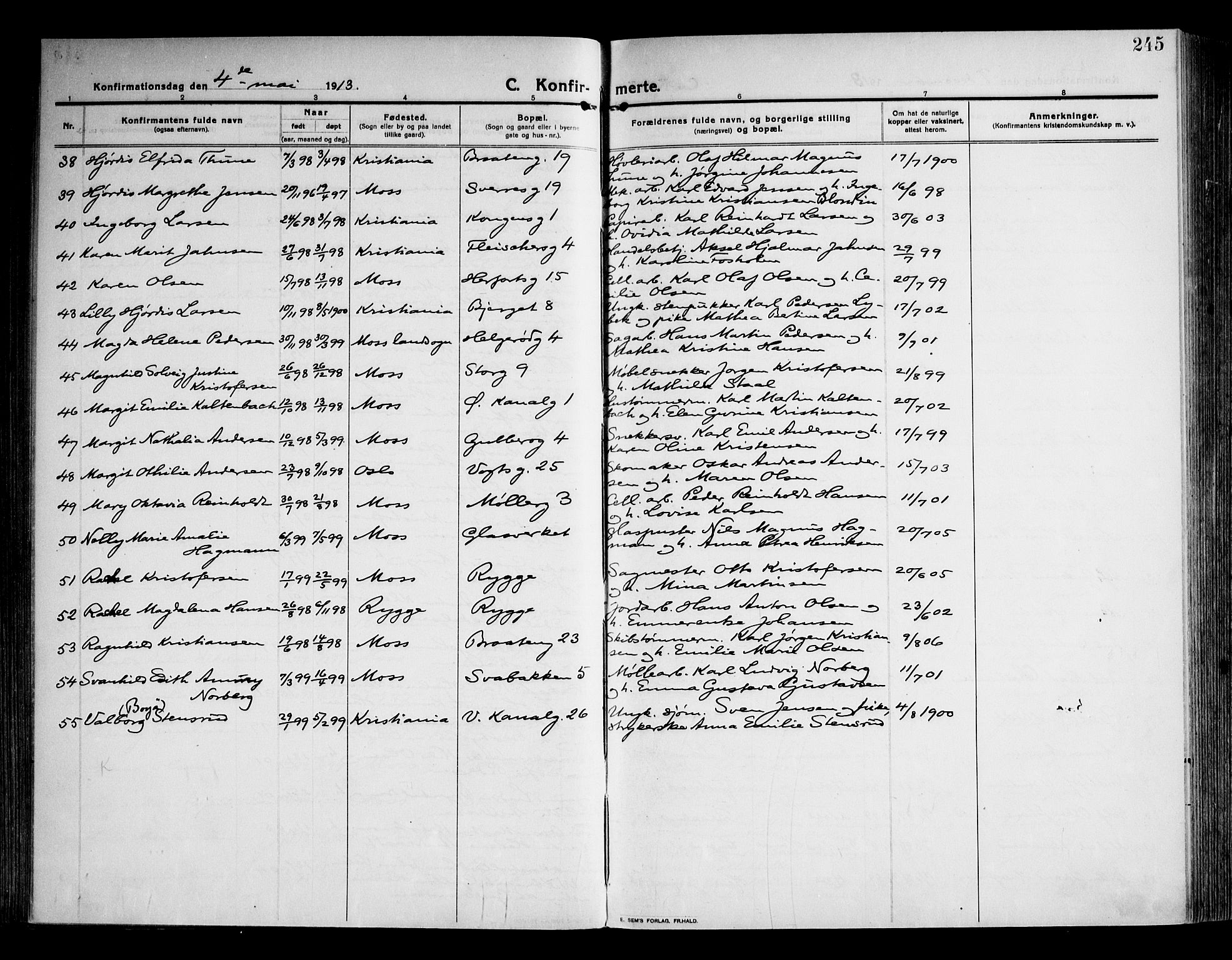 Moss prestekontor Kirkebøker, AV/SAO-A-2003/F/Fb/L0005: Parish register (official) no. II 5, 1913-1923, p. 245