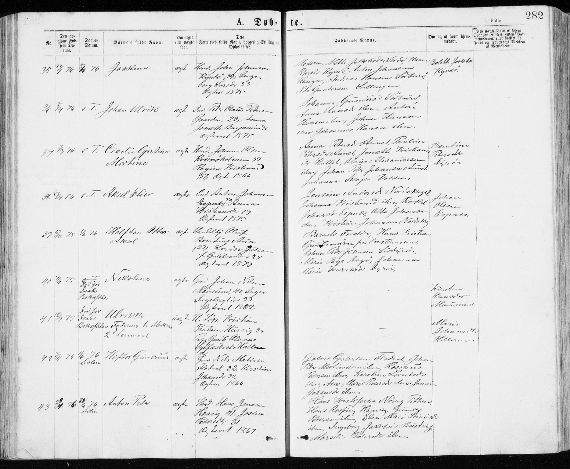 Ministerialprotokoller, klokkerbøker og fødselsregistre - Sør-Trøndelag, AV/SAT-A-1456/640/L0576: Parish register (official) no. 640A01, 1846-1876, p. 282