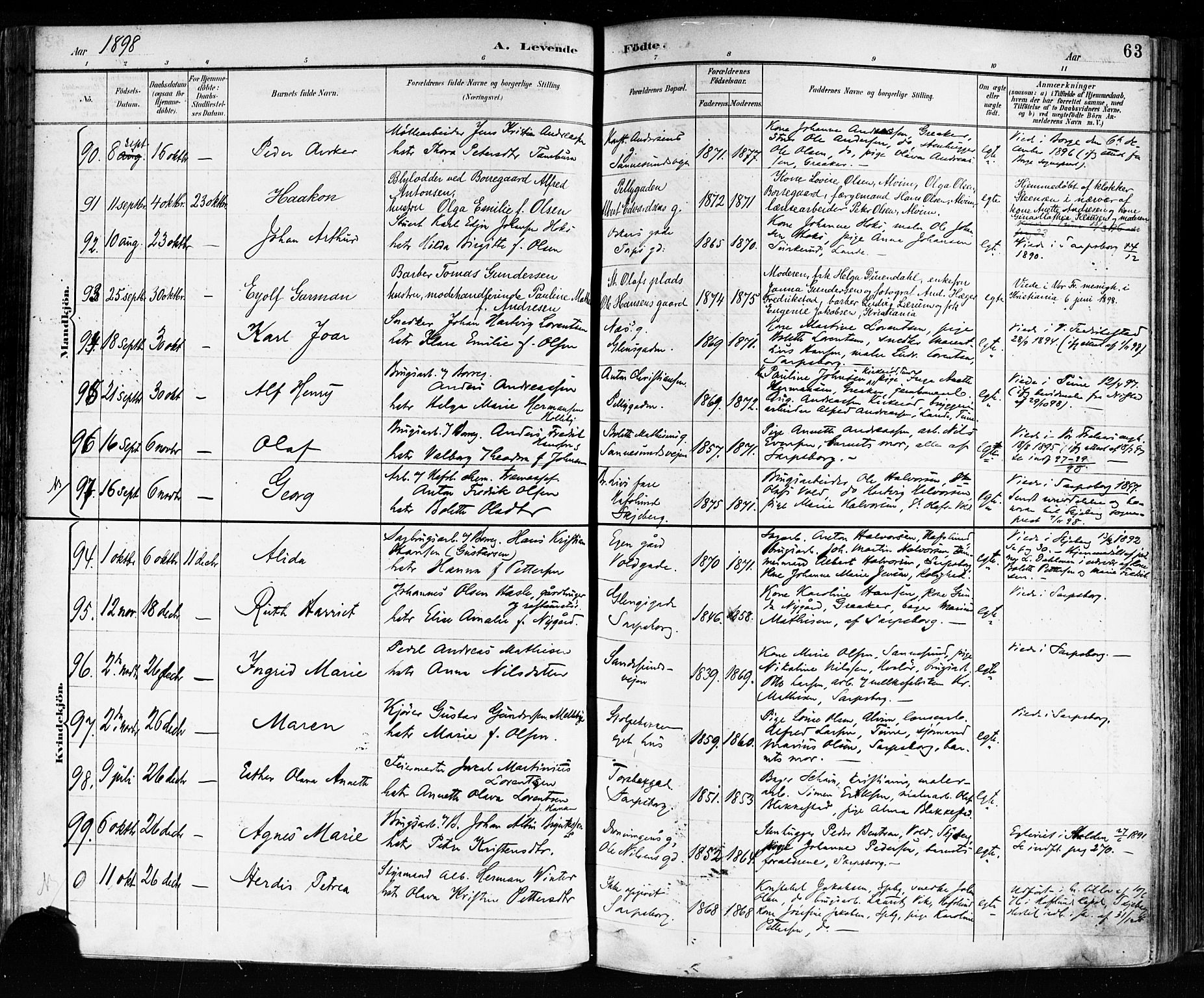 Sarpsborg prestekontor Kirkebøker, AV/SAO-A-2006/F/Fa/L0004: Parish register (official) no. 4, 1892-1899, p. 63