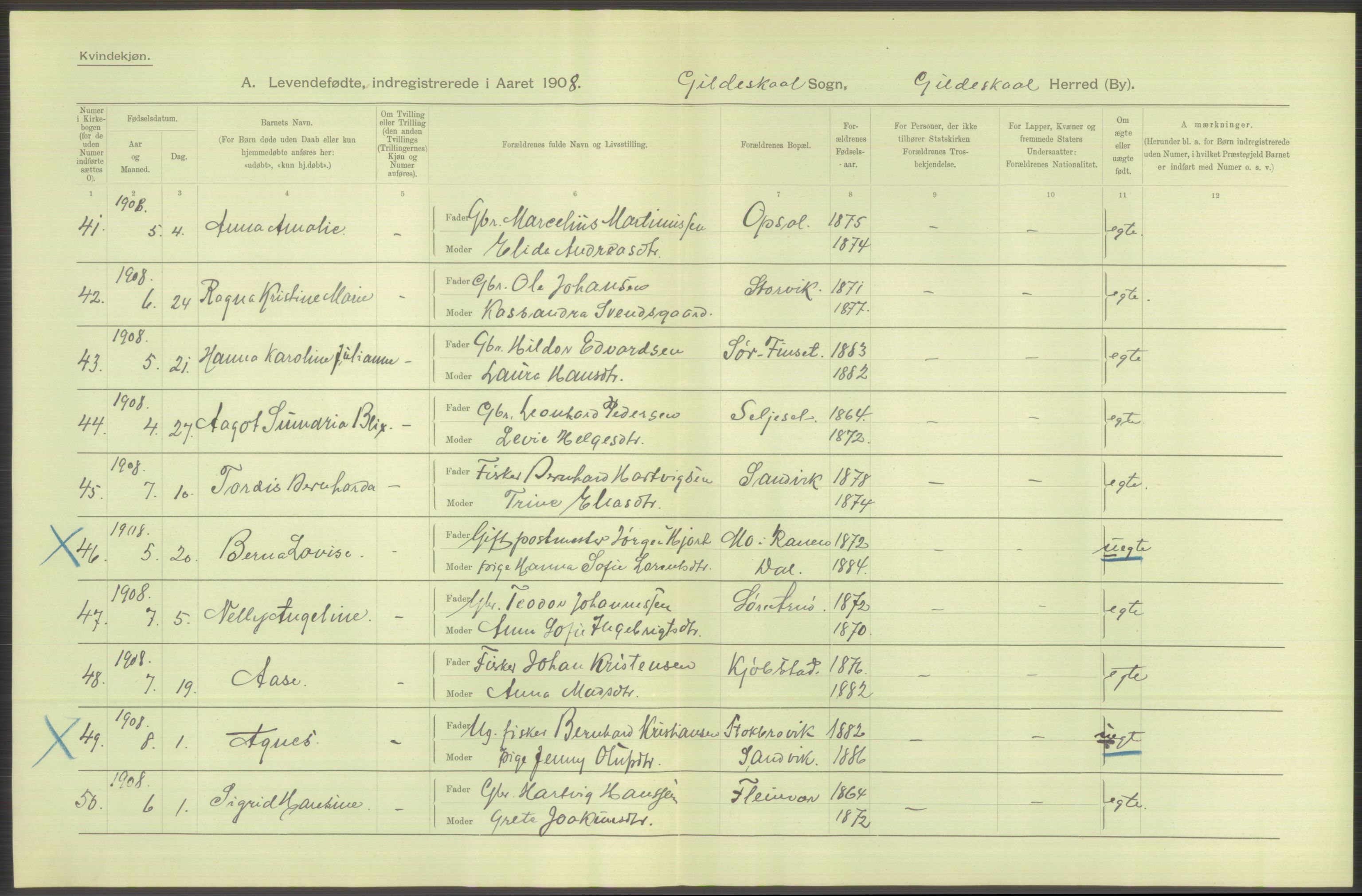 Statistisk sentralbyrå, Sosiodemografiske emner, Befolkning, AV/RA-S-2228/D/Df/Dfa/Dfaf/L0043: Nordlands amt: Levendefødte menn og kvinner. Bygder., 1908, p. 22