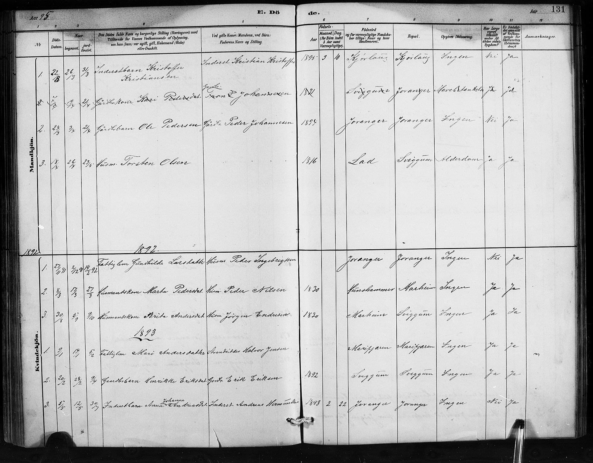 Jostedal sokneprestembete, SAB/A-80601/H/Hab/Habd/L0001: Parish register (copy) no. D 1, 1882-1910, p. 131