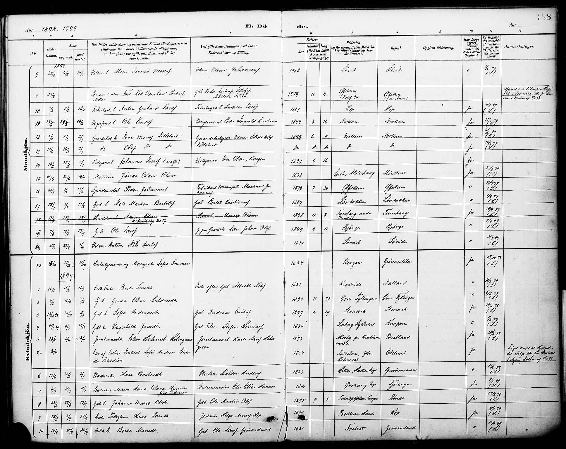 Fana Sokneprestembete, SAB/A-75101/H/Haa/Haai/L0002: Parish register (official) no. I 2, 1888-1899, p. 188