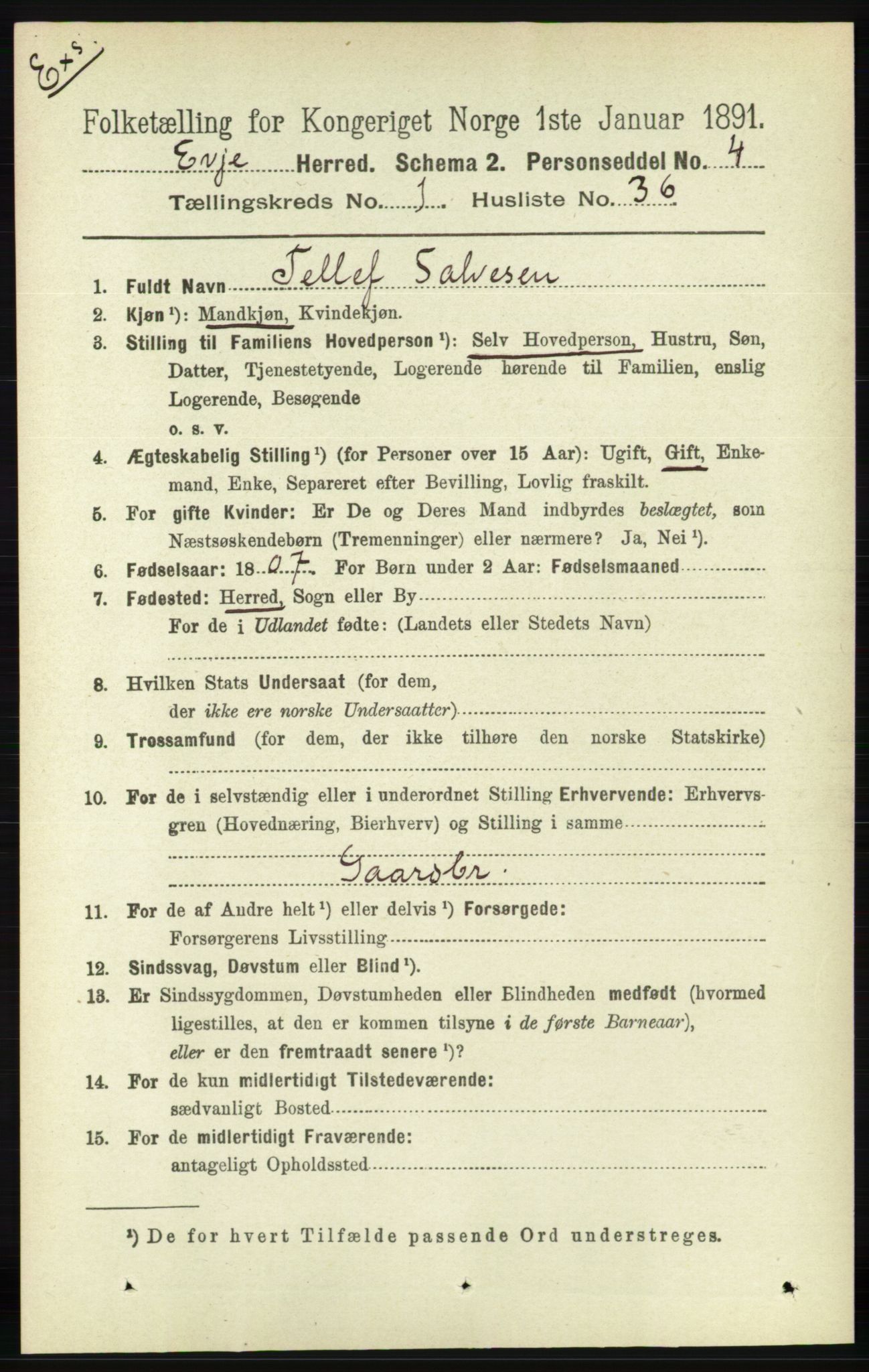 RA, Census 1891 for Nedenes amt: Gjenparter av personsedler for beslektede ektefeller, menn, 1891, p. 996