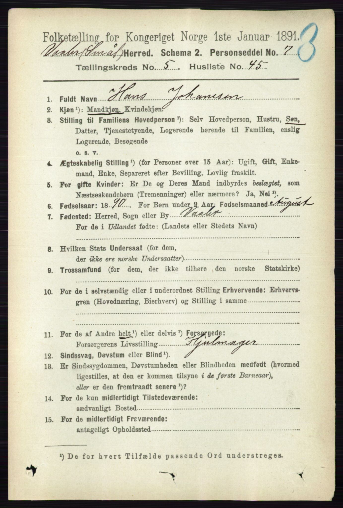 RA, 1891 census for 0137 Våler, 1891, p. 2252