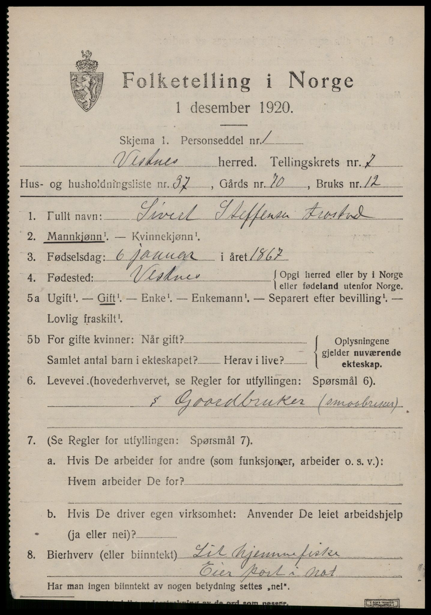 SAT, 1920 census for Vestnes, 1920, p. 5537