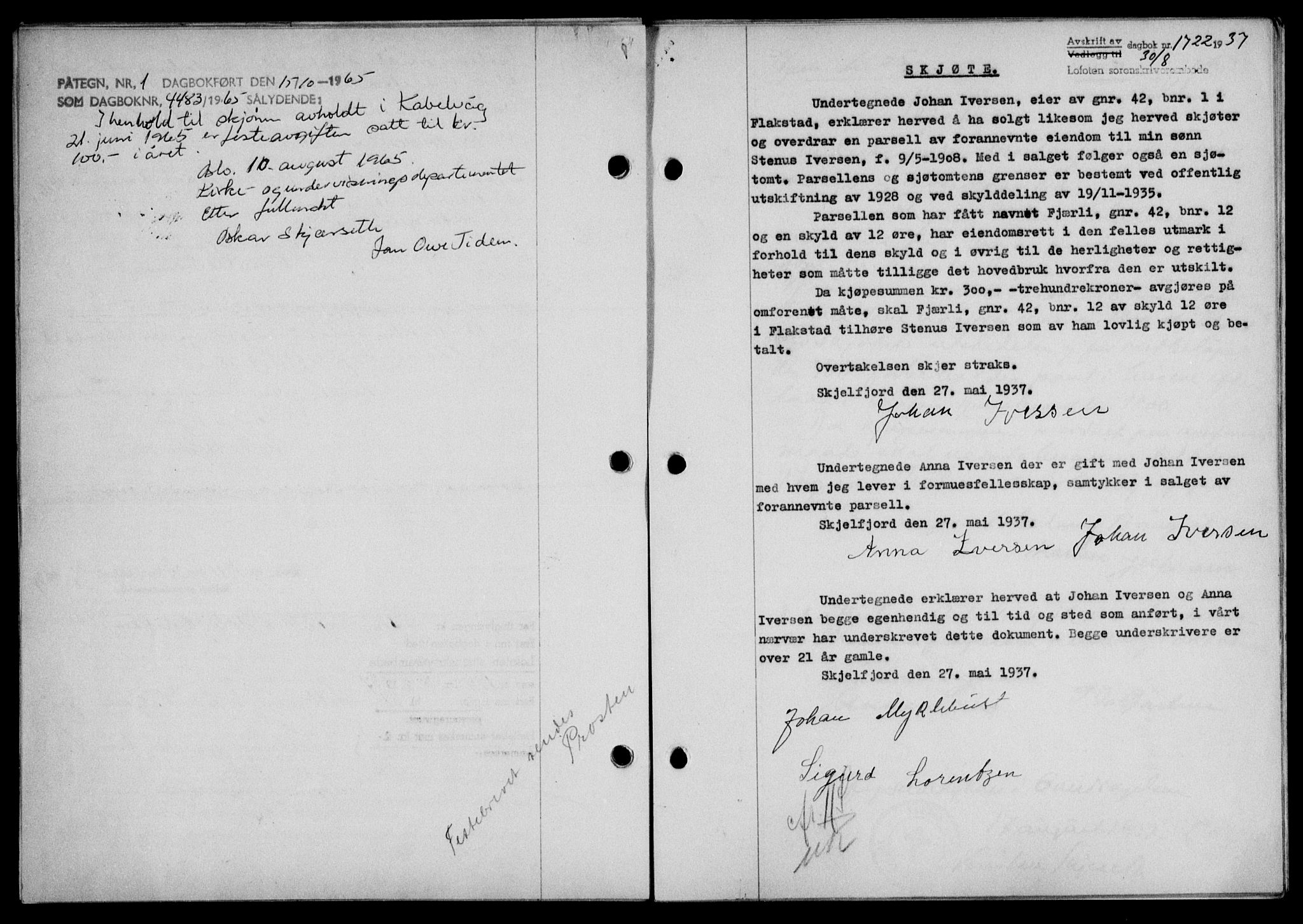 Lofoten sorenskriveri, SAT/A-0017/1/2/2C/L0002a: Mortgage book no. 2a, 1937-1937, Diary no: : 1722/1937