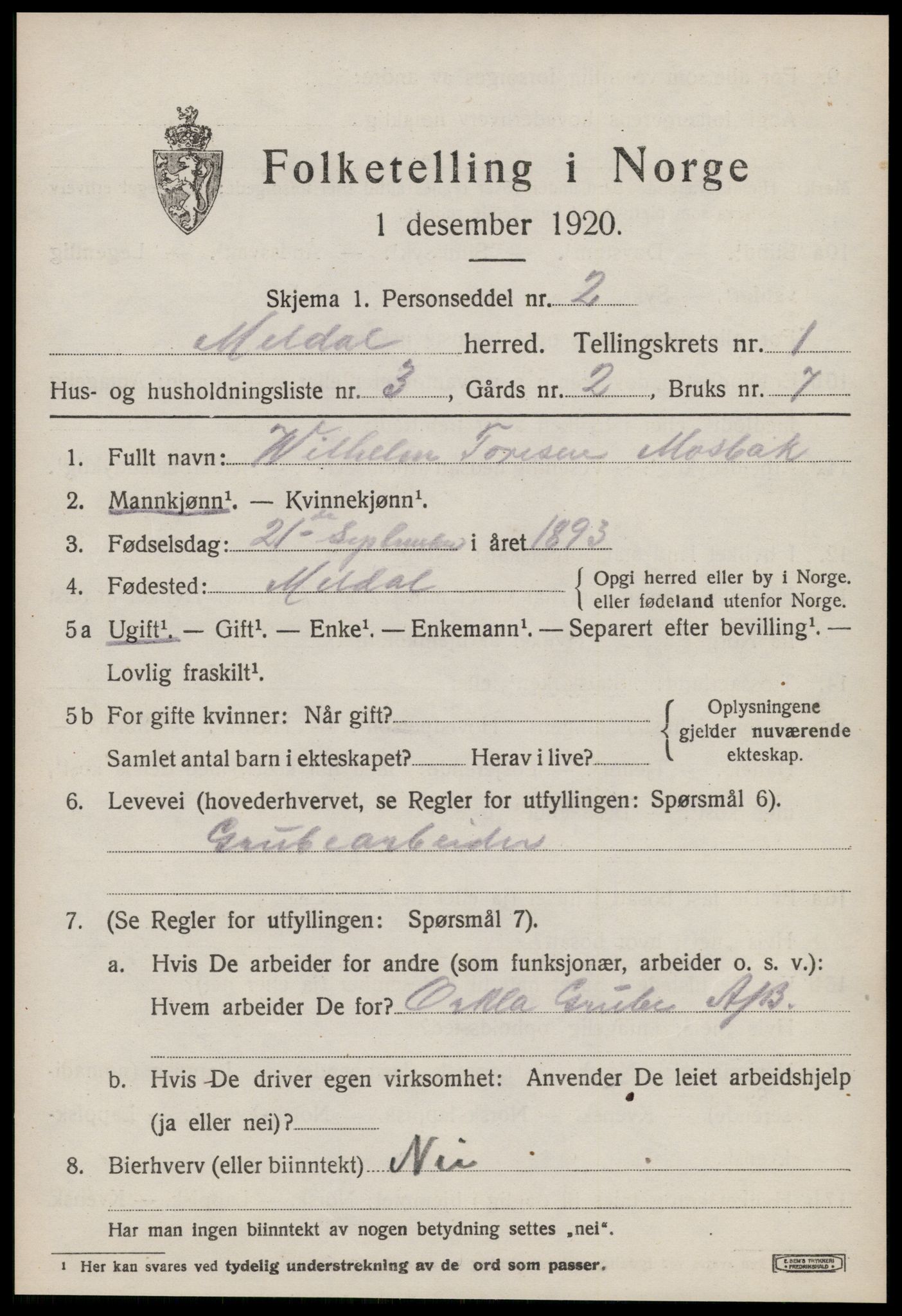 SAT, 1920 census for Meldal, 1920, p. 1879