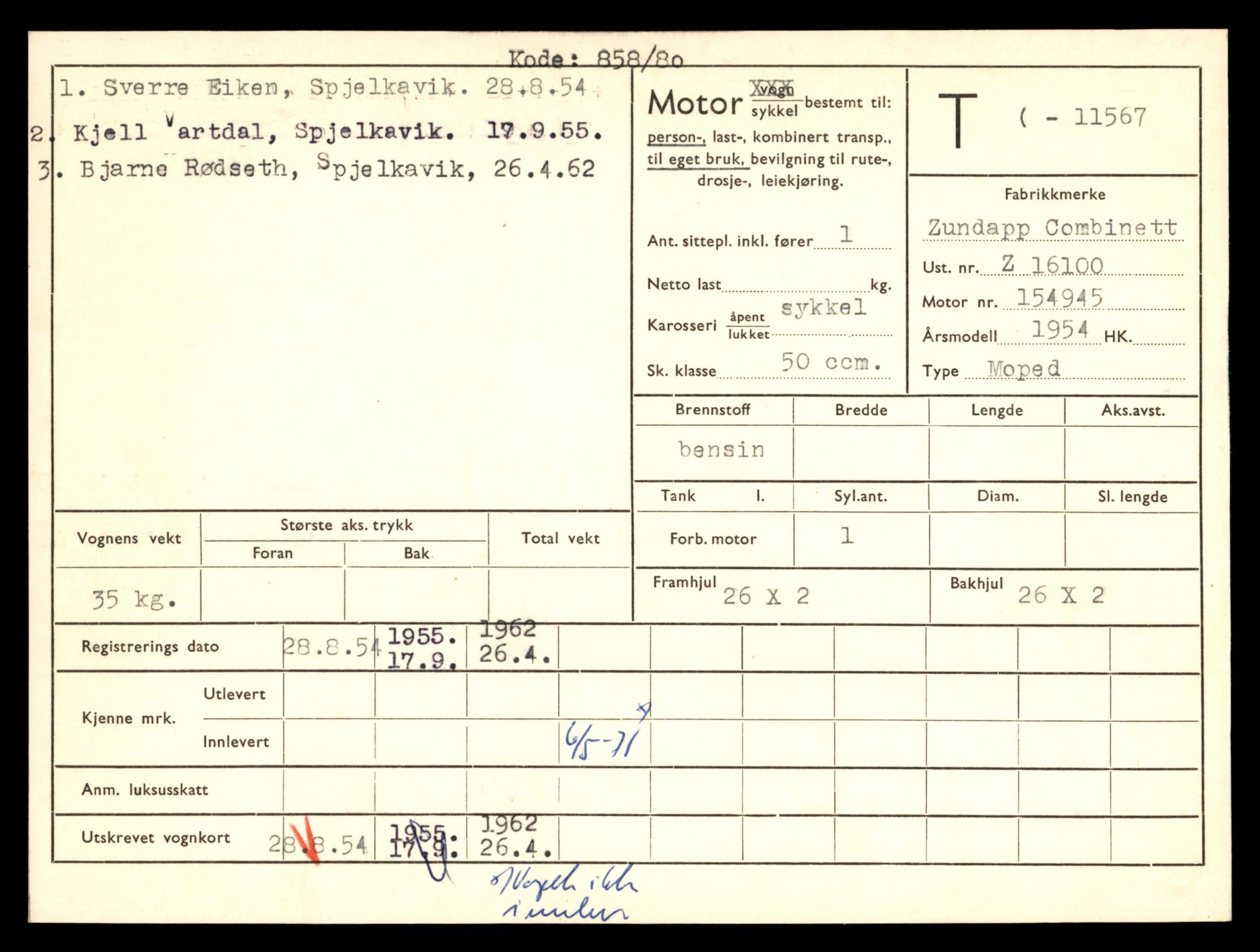 Møre og Romsdal vegkontor - Ålesund trafikkstasjon, AV/SAT-A-4099/F/Fe/L0029: Registreringskort for kjøretøy T 11430 - T 11619, 1927-1998, p. 2286