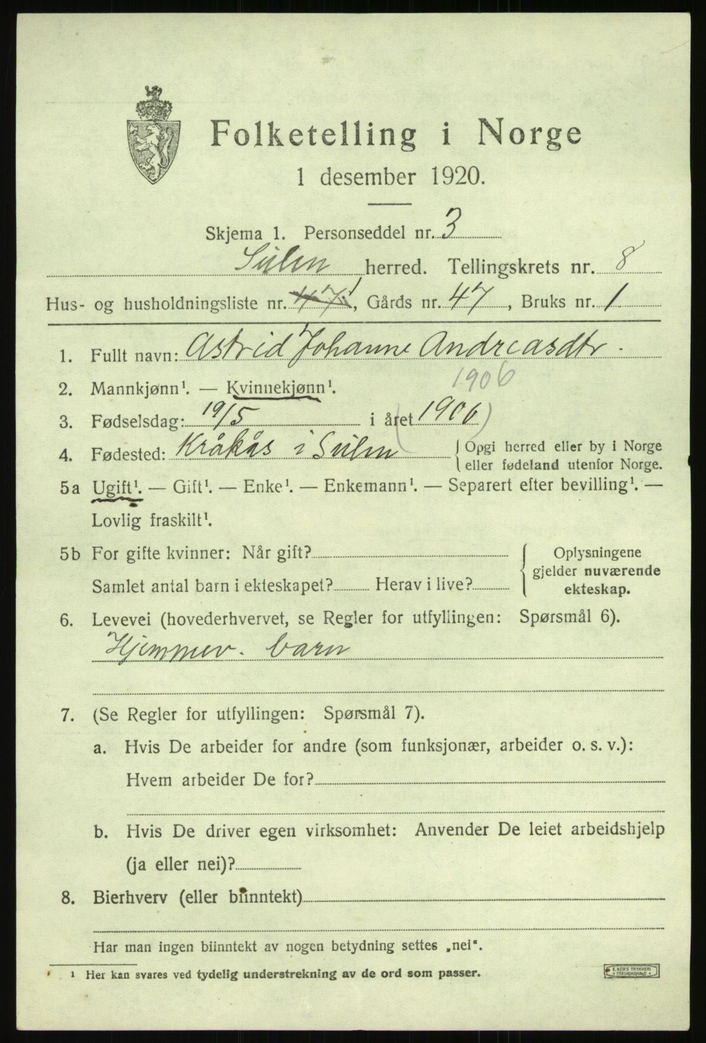 SAB, 1920 census for Solund, 1920, p. 3142