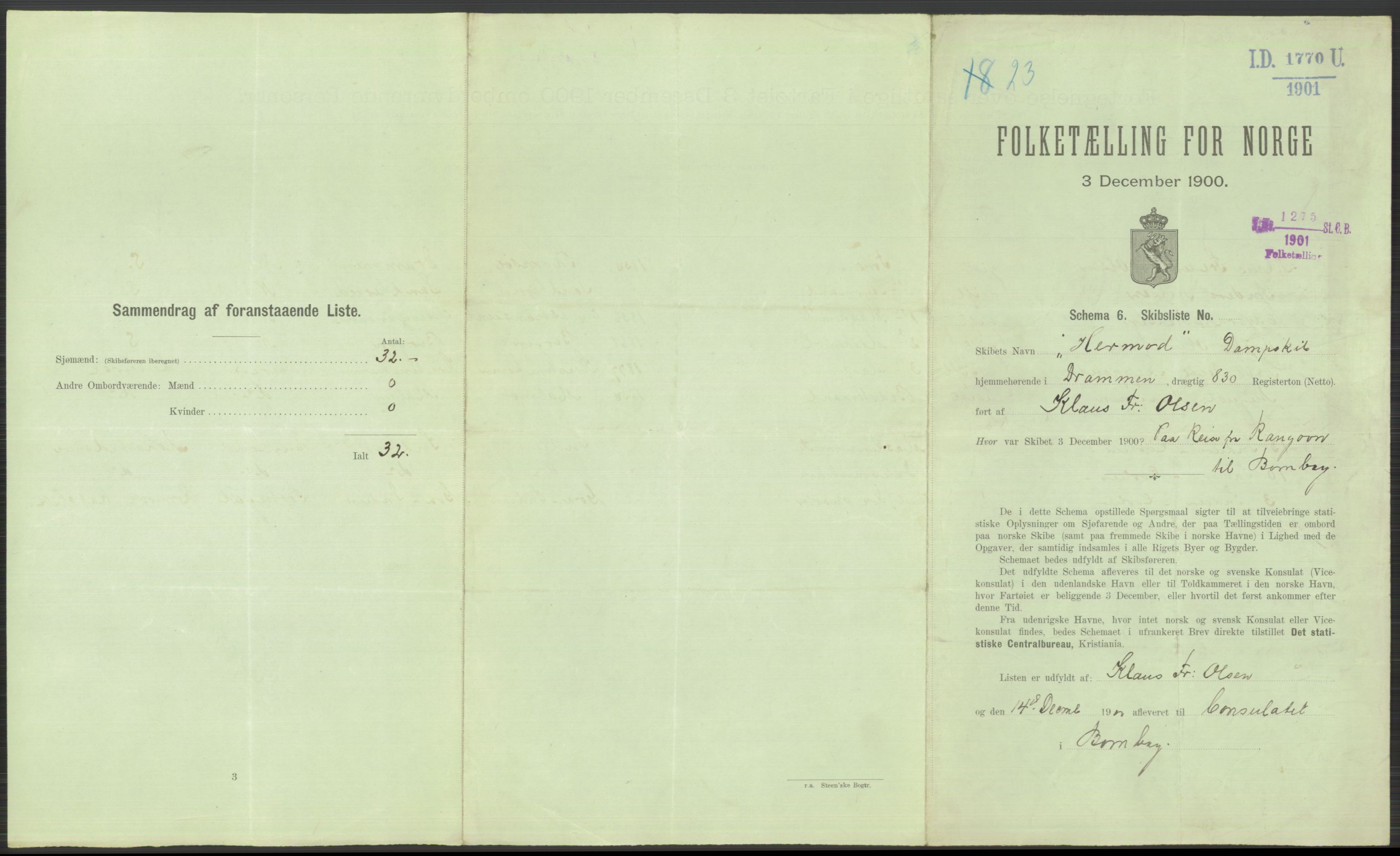 RA, 1900 Census - ship lists from ships in Norwegian harbours, harbours abroad and at sea, 1900, p. 6203